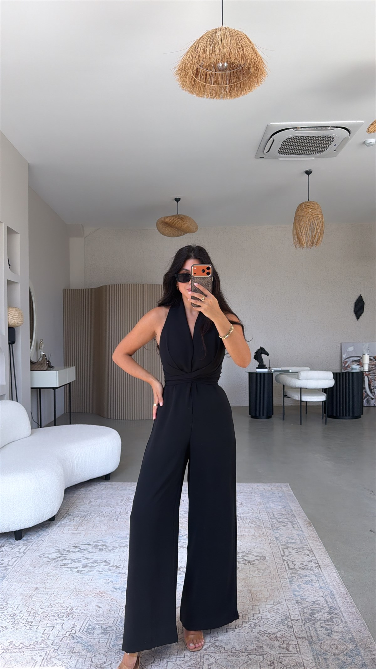 Siyah Krep Kumaş Bağlamalı Premium Tulum