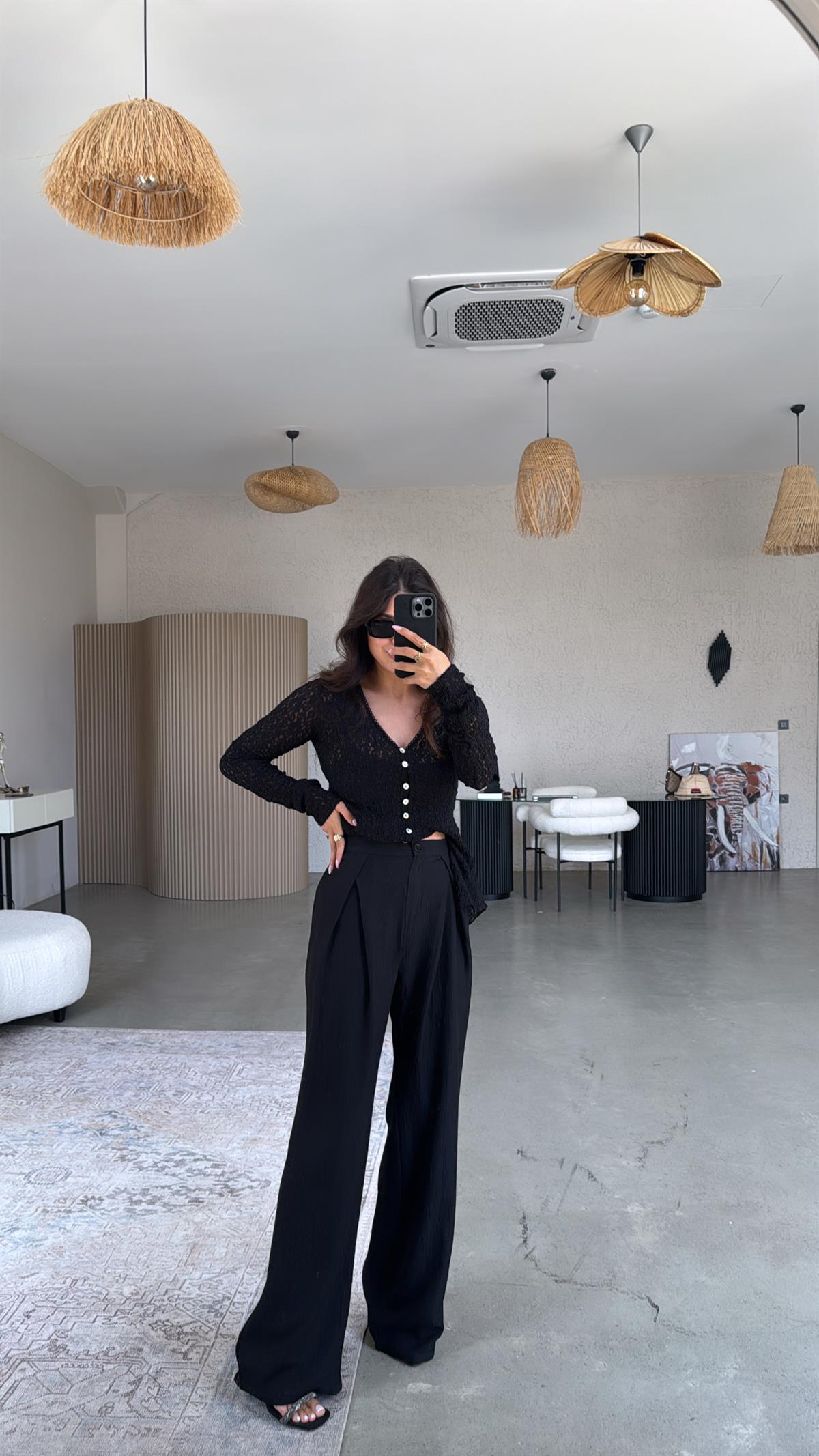 Siyah Kruvaze Pile Pantolon