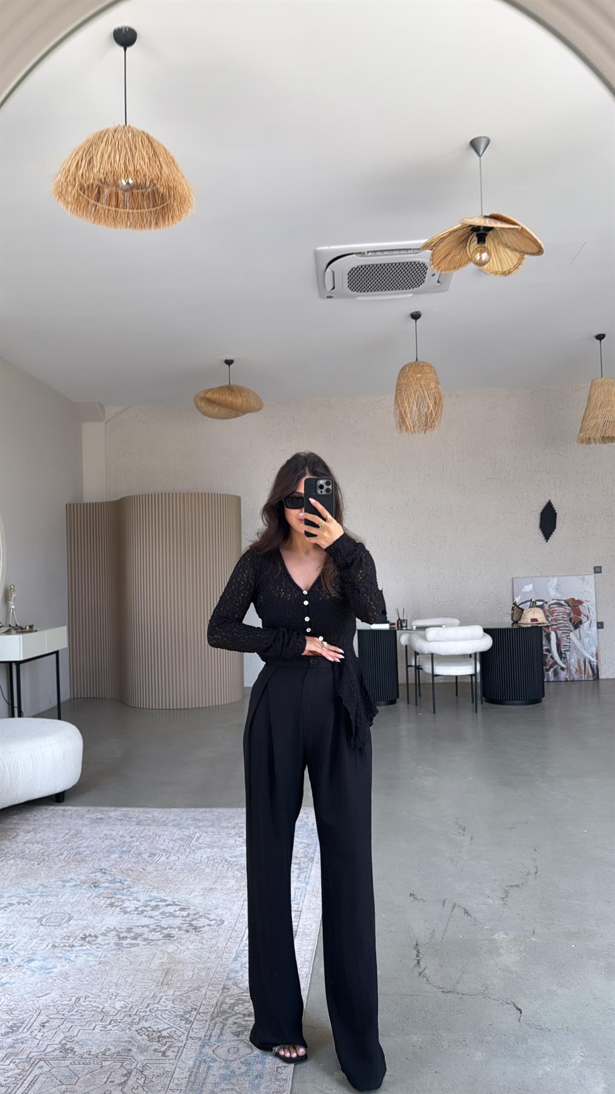 Siyah Kruvaze Pile Pantolon