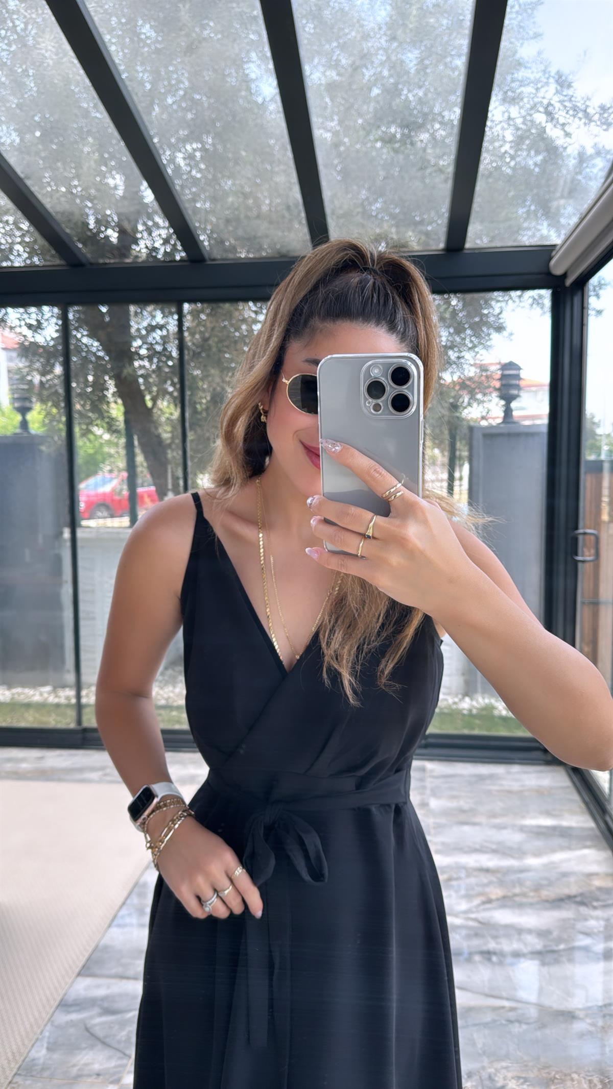 Siyah Kruvaze Yaka Kiloş Premium Elbise