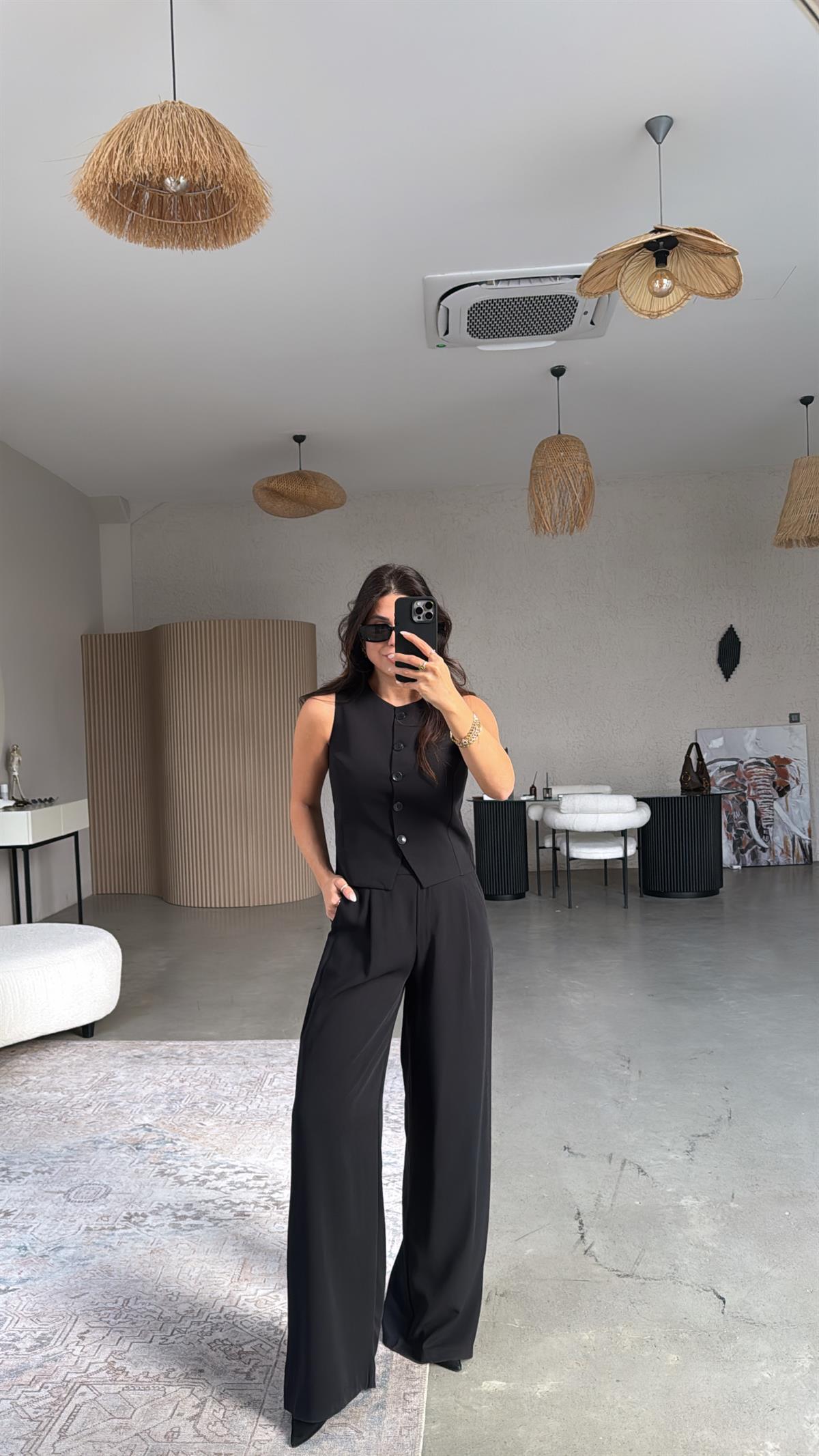 Siyah Kumaş Yelek Pantolon Takım