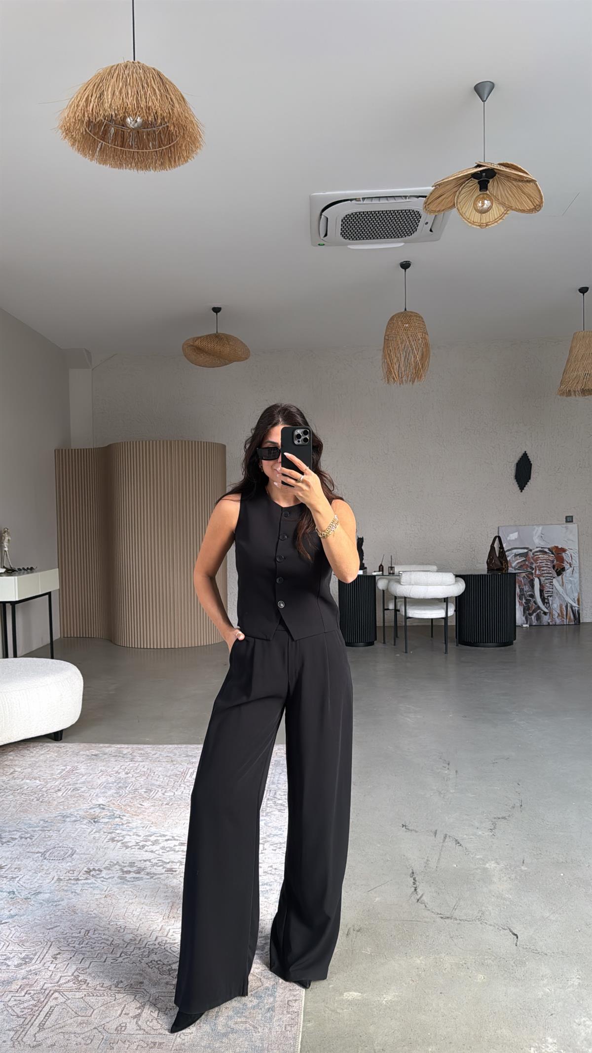 Siyah Kumaş Yelek Pantolon Takım