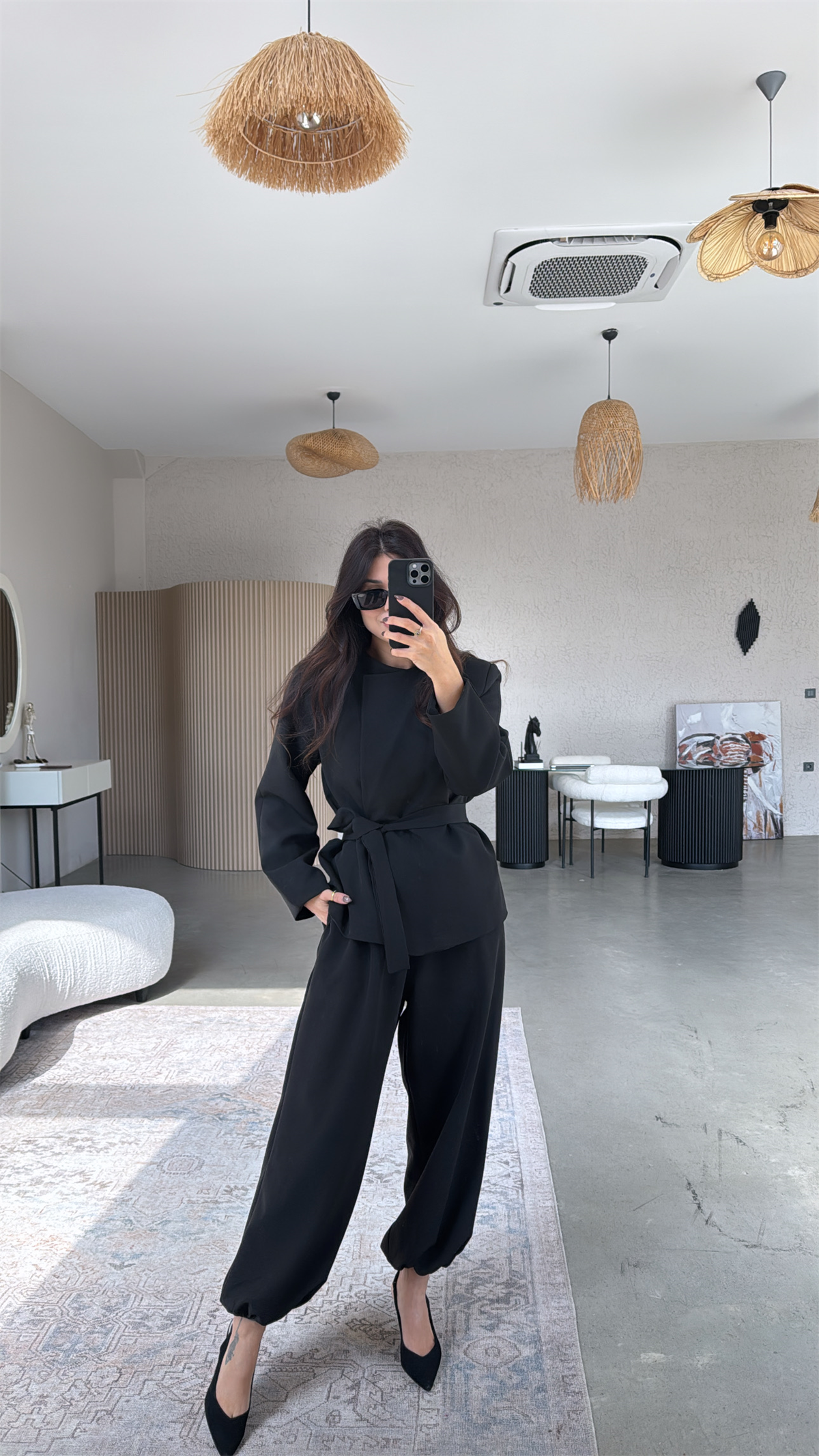 Siyah Kuşaklı Paçası Lastikli Ceket Pantolon Klasik Takım