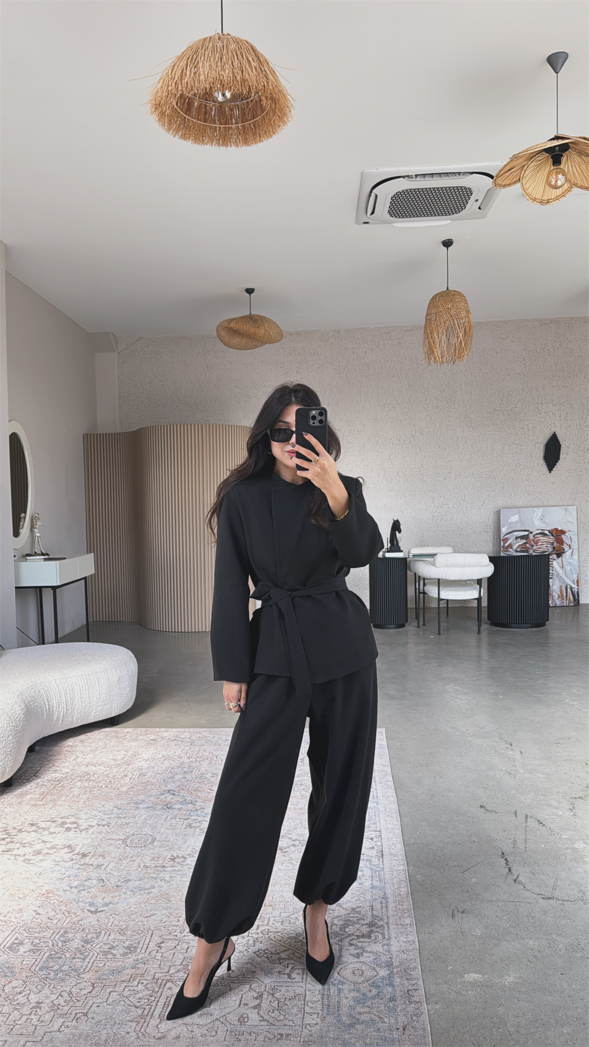 Siyah Kuşaklı Paçası Lastikli Ceket Pantolon Klasik Takım