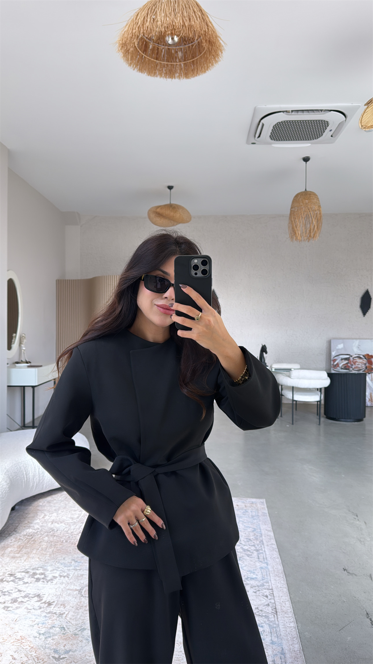 Siyah Kuşaklı Paçası Lastikli Ceket Pantolon Klasik Takım