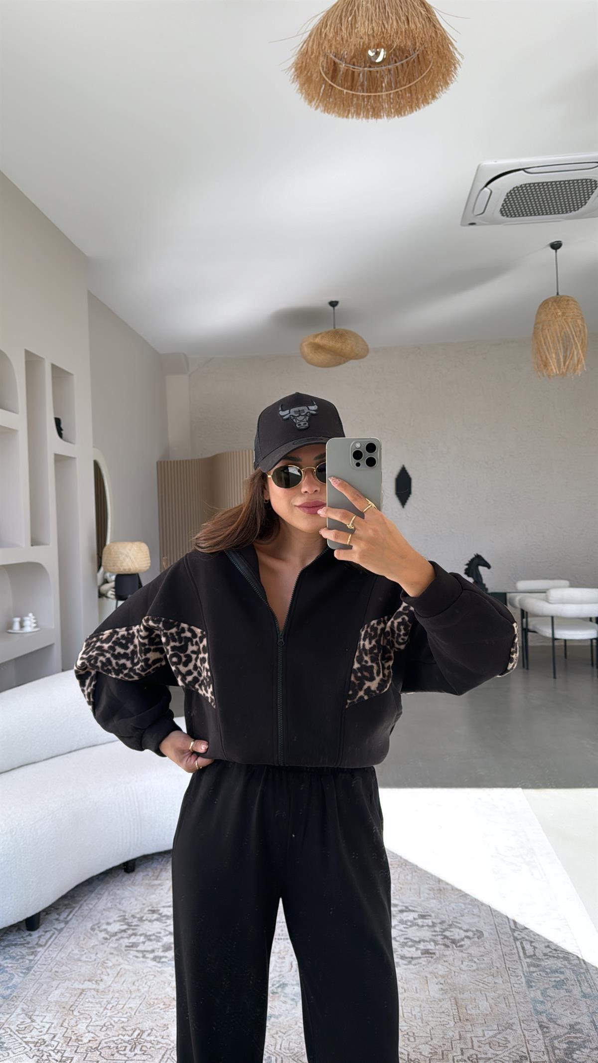 Siyah Leopar Şeritli Hoodie