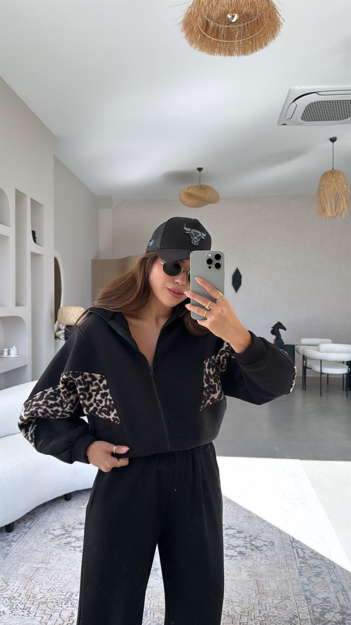 Siyah Leopar Şeritli Hoodie