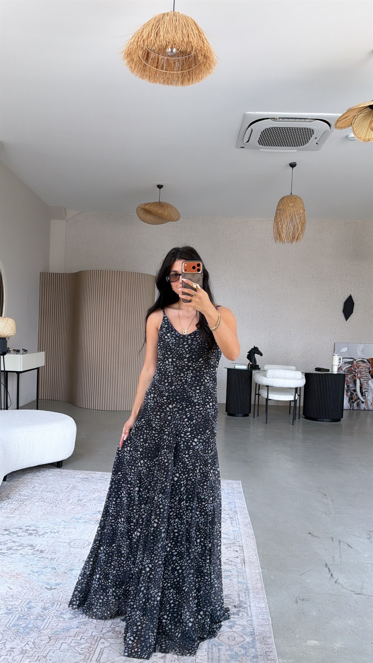 Siyah Leopar Tül İçi Maxi Astarlı Dökümlü Elbise