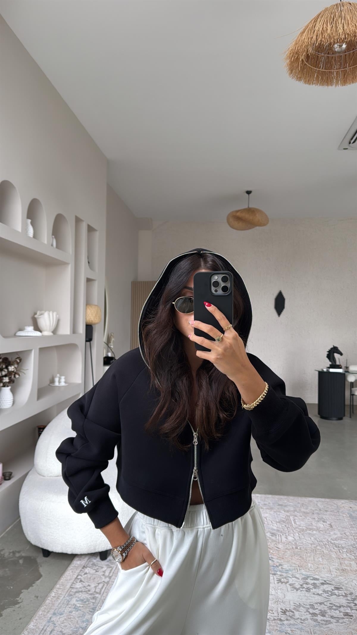 Siyah M Nakış Üç İplik Şardonlu Hoodie