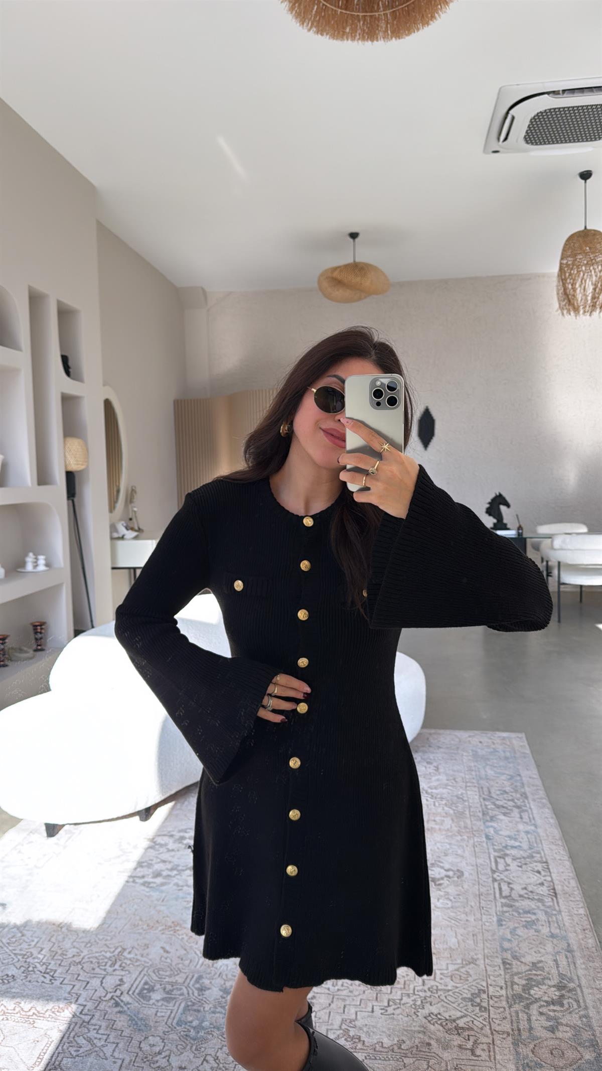 Siyah Massi Gold Düğmeli Triko Elbise