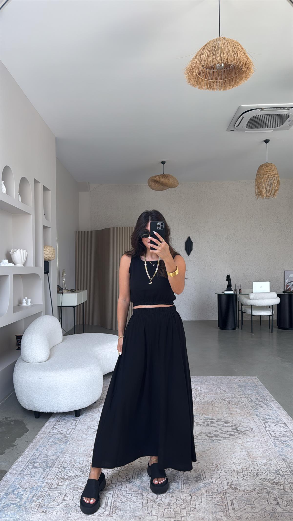 Siyah Massi Keten Etek Bluz Takım