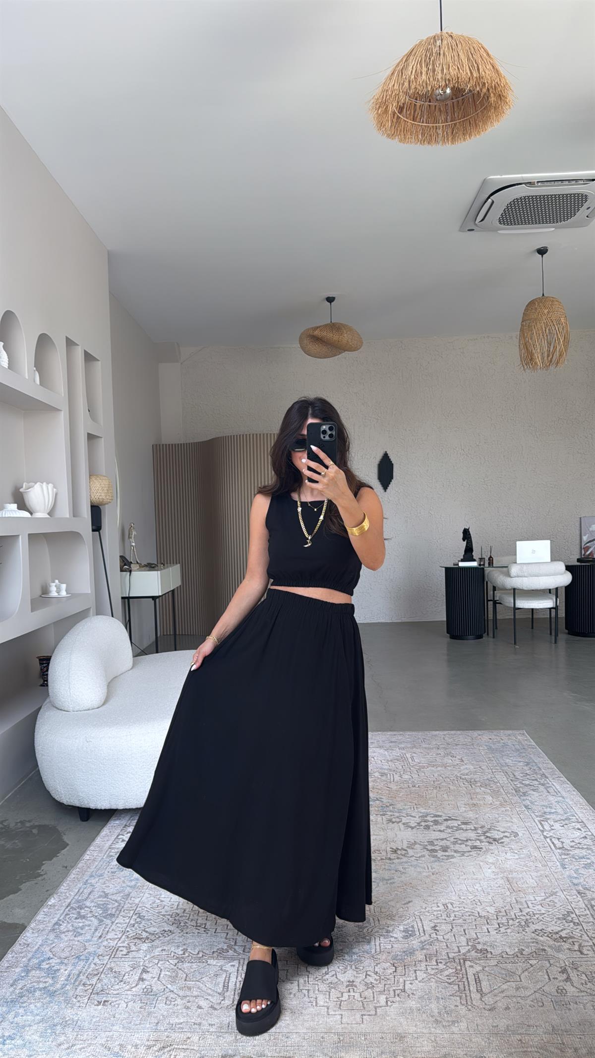 Siyah Massi Keten Etek Bluz Takım