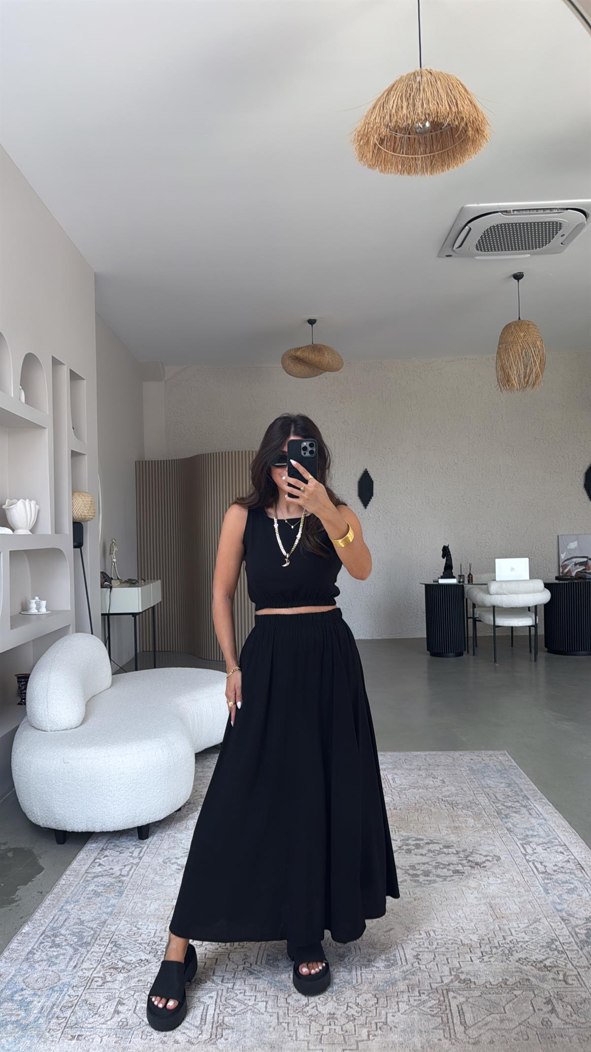 Siyah Massi Keten Etek Bluz Takım