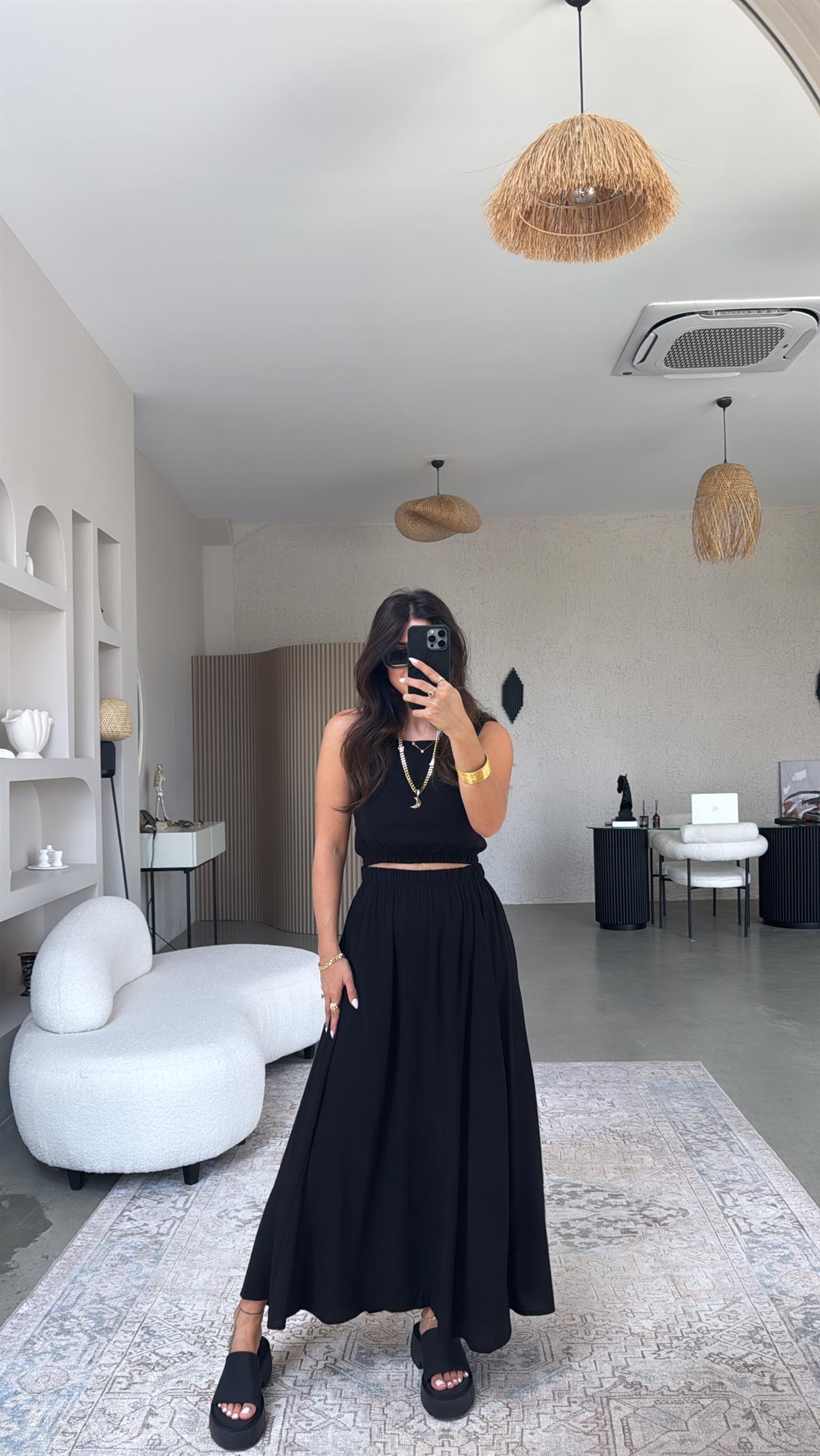 Siyah Massi Keten Etek Bluz Takım