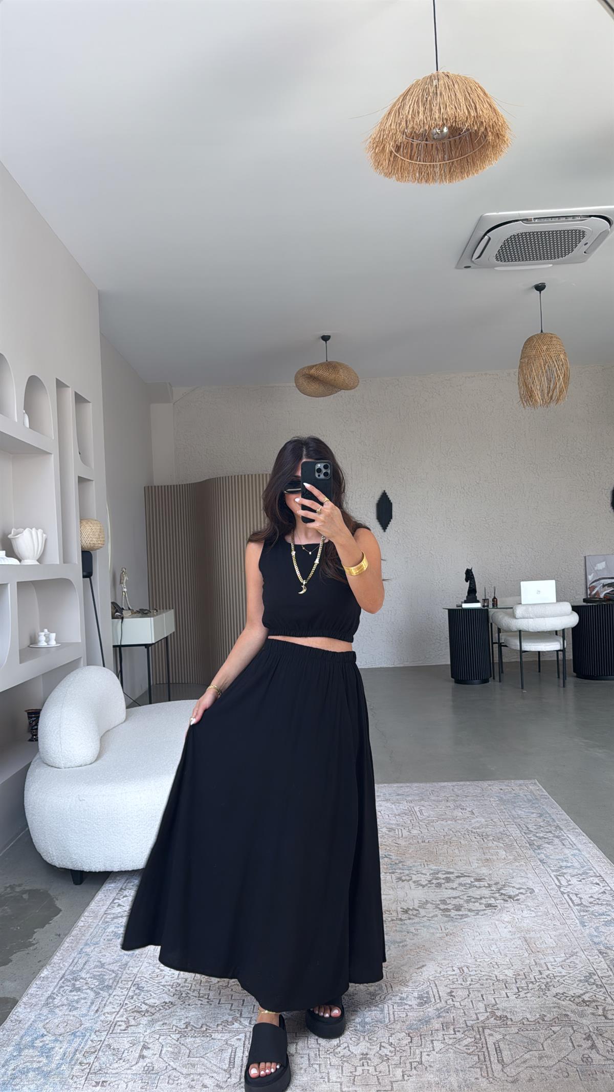 Siyah Massi Keten Etek Bluz Takım