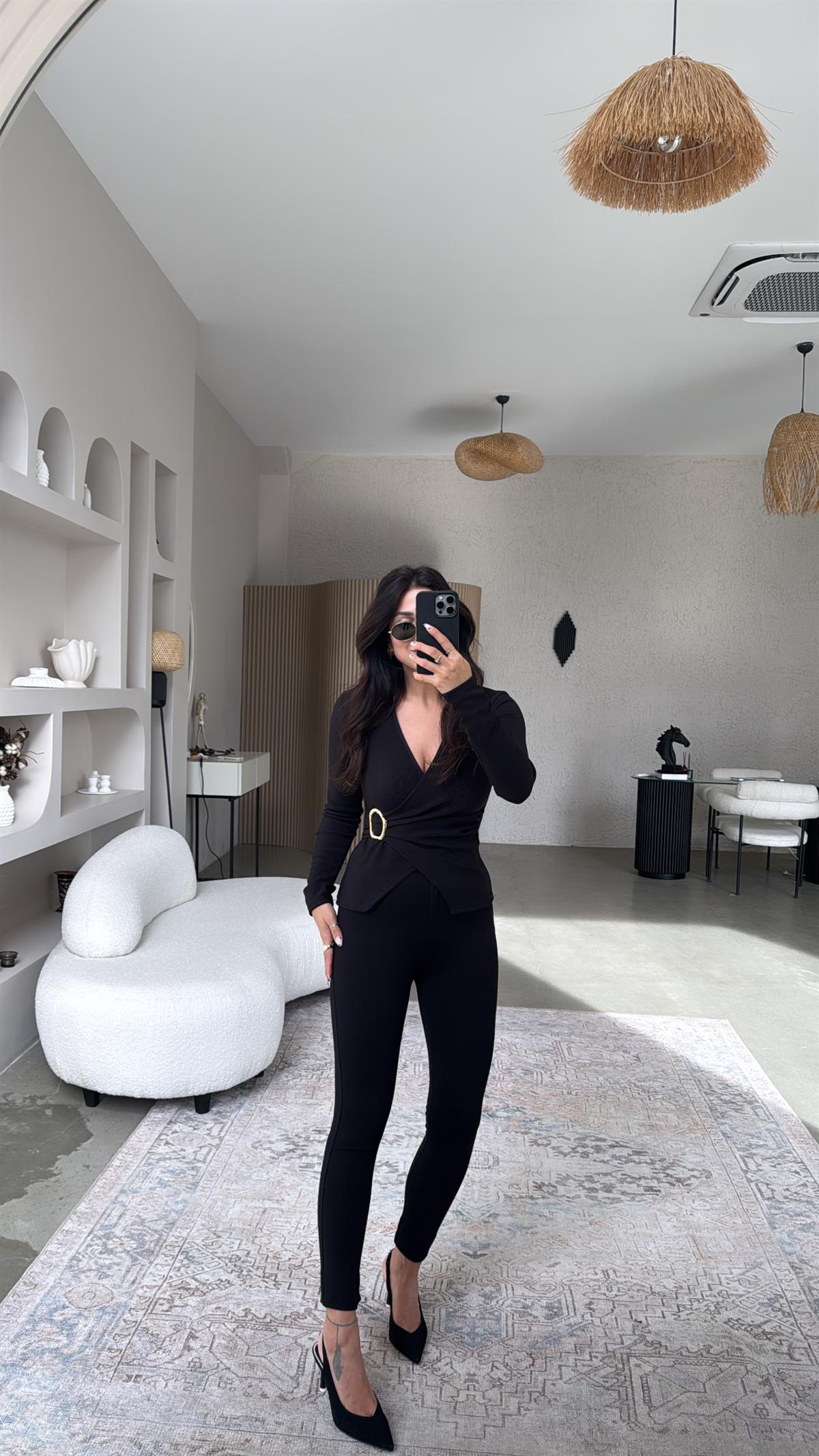 Siyah Mat Düğmeli Çelik Tayt Pantolon