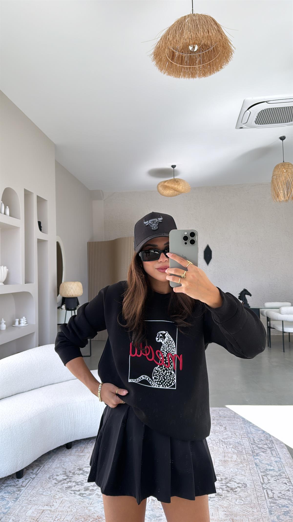 Siyah Meow Baskılı Sweatshirt