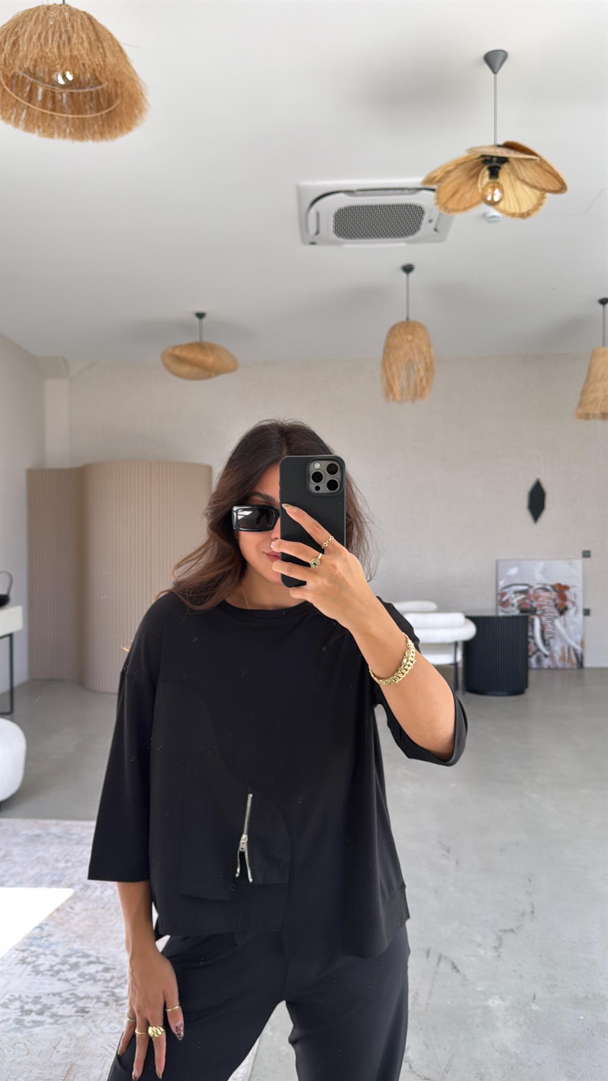 Siyah Mini Fermuar Detaylı Poplin Modal Bluz