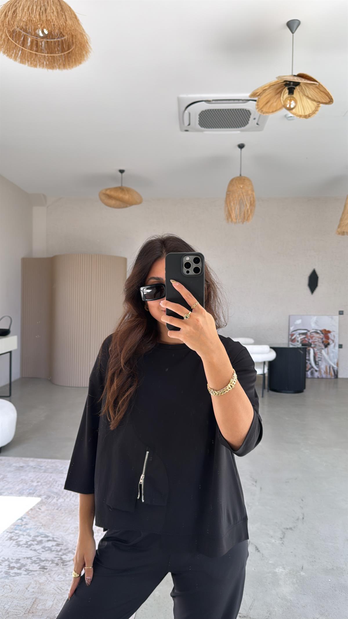 Siyah Mini Fermuar Detaylı Poplin Modal Bluz