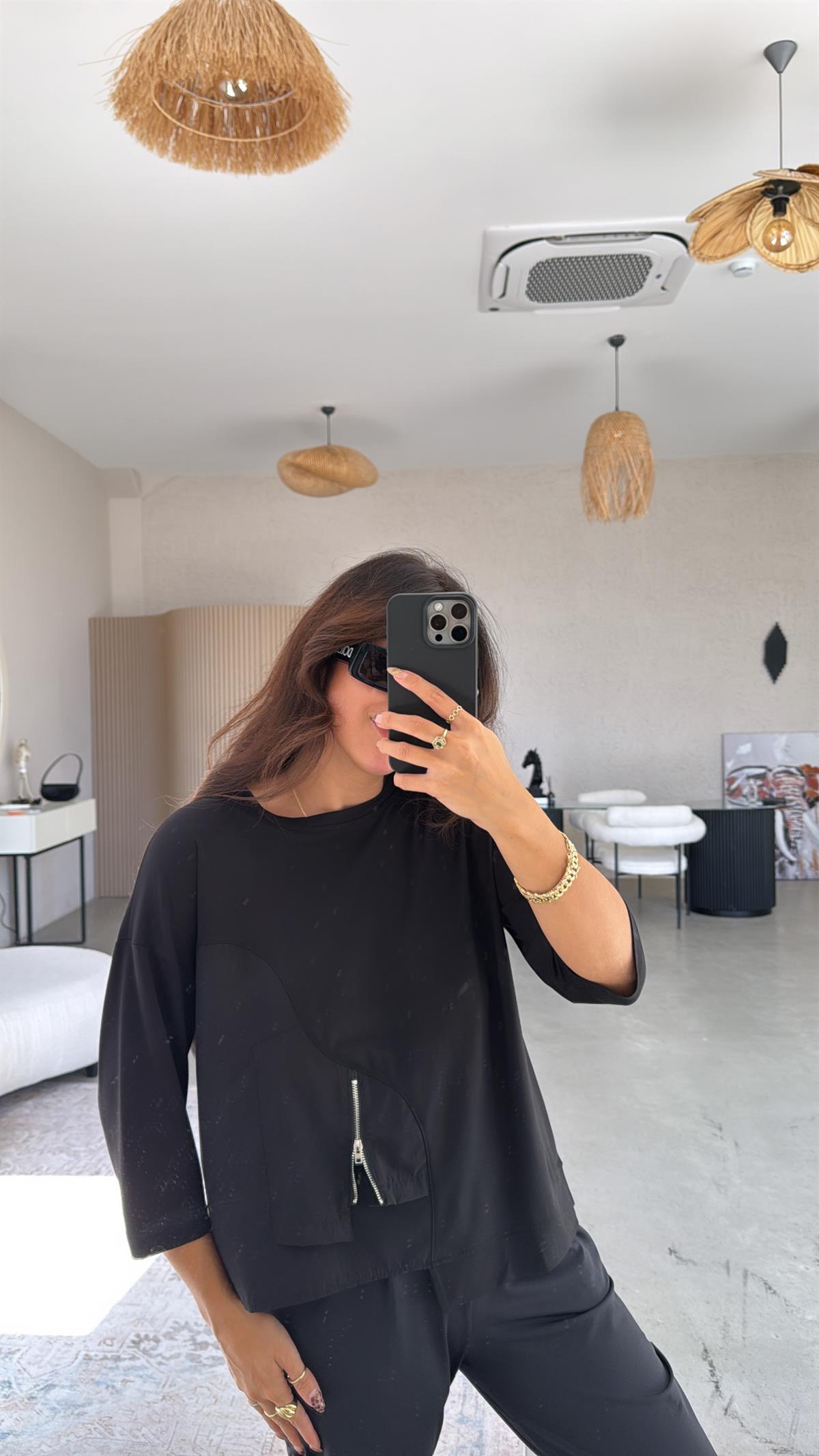 Siyah Mini Fermuar Detaylı Poplin Modal Bluz