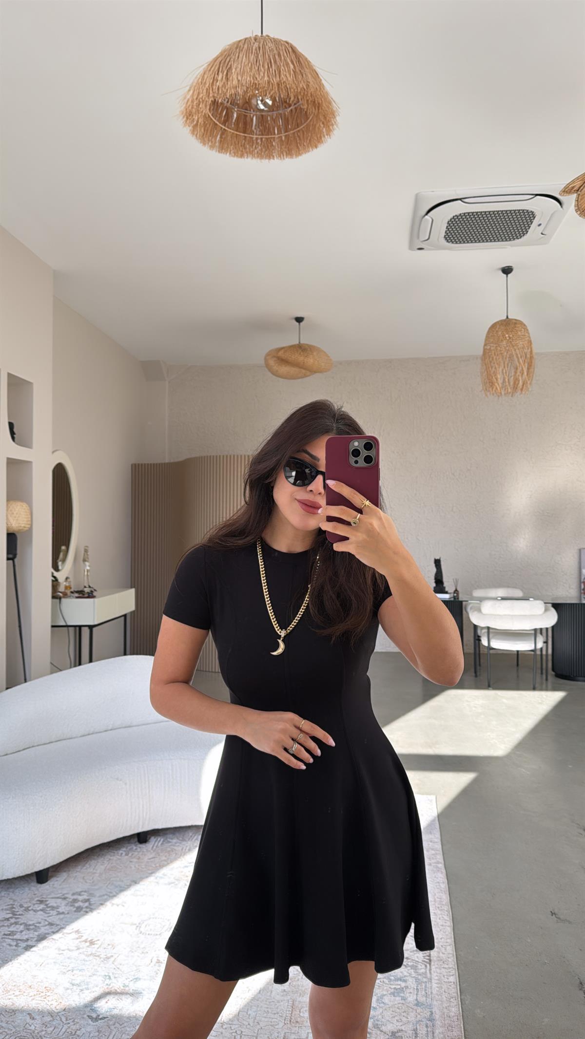 Siyah Modal Kısa Kollu Çımalı Elbise