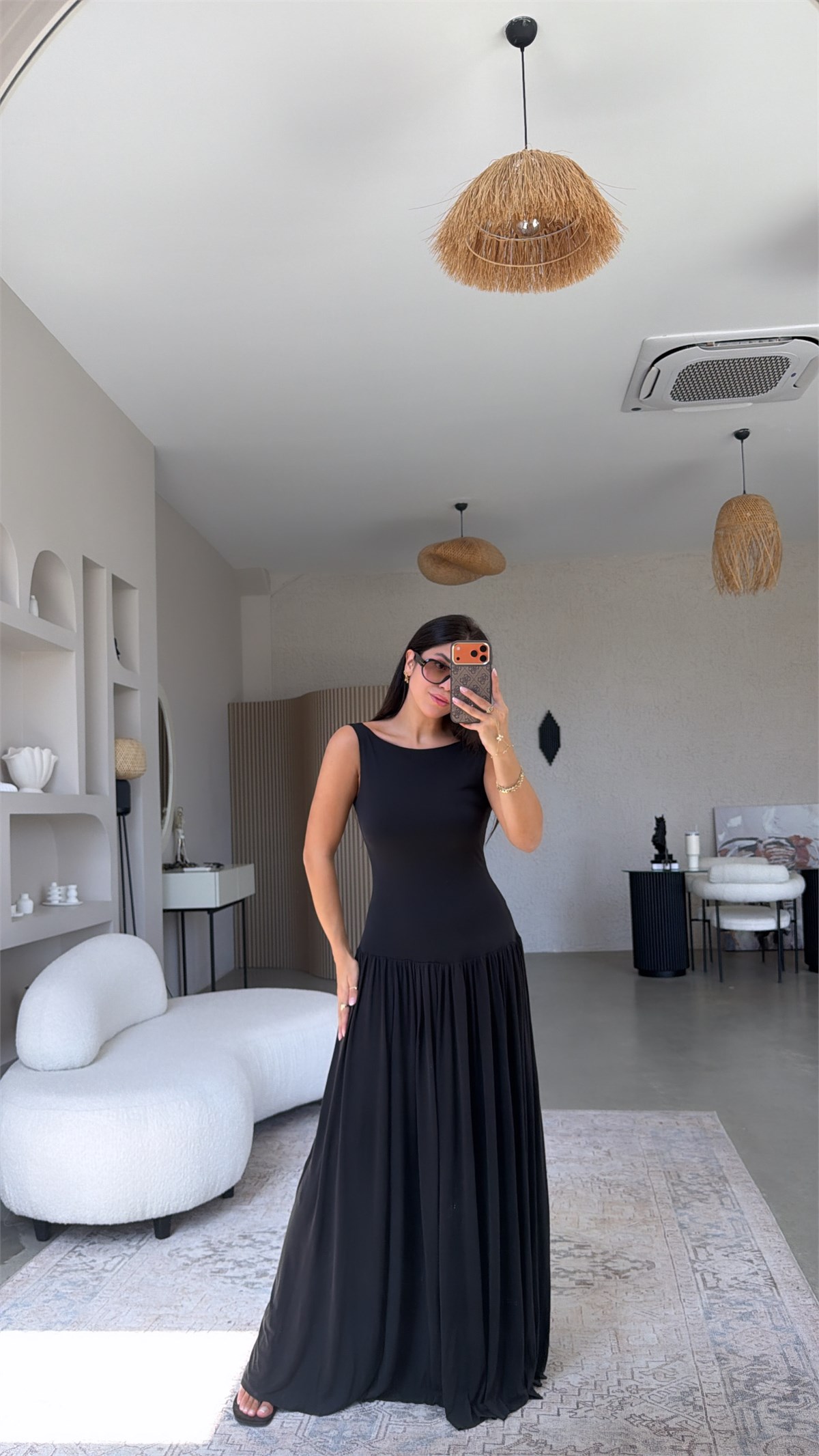 Siyah Modal Sırt Dekolteli Maxi Elbise