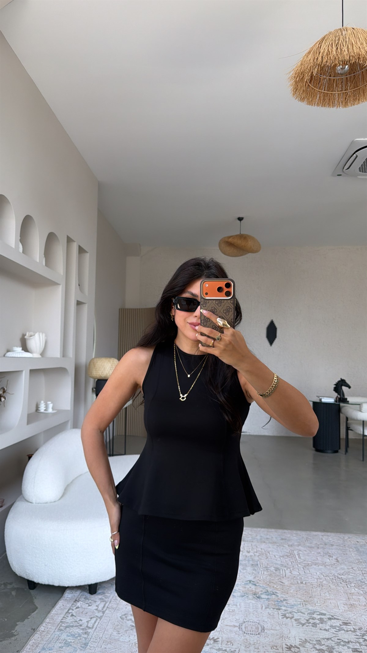 Siyah Modal Volanlı Bluz Mini Etek Takım