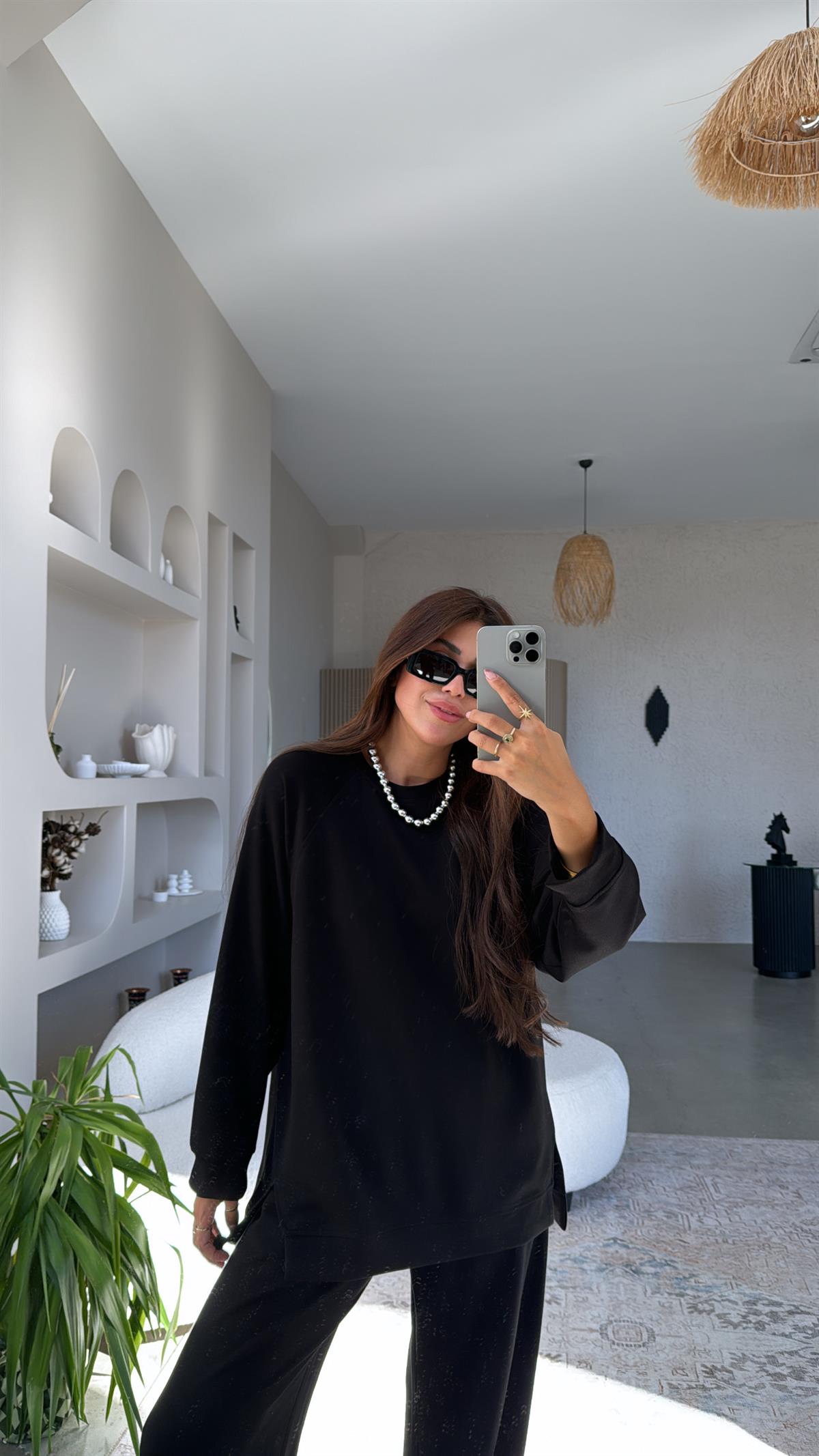 Siyah Modal Yırtmaçlı Sweatshirt