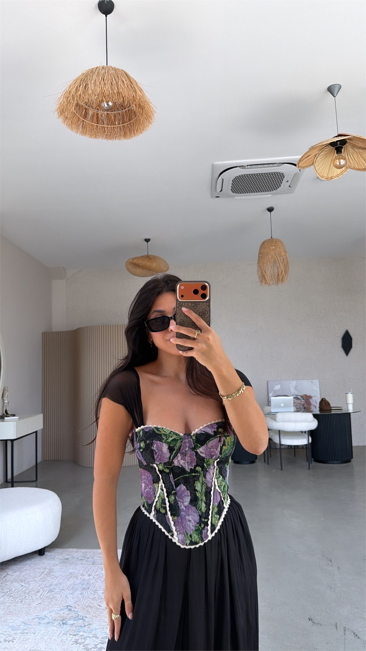 Siyah Mor Desenli Tül Askılı Korse