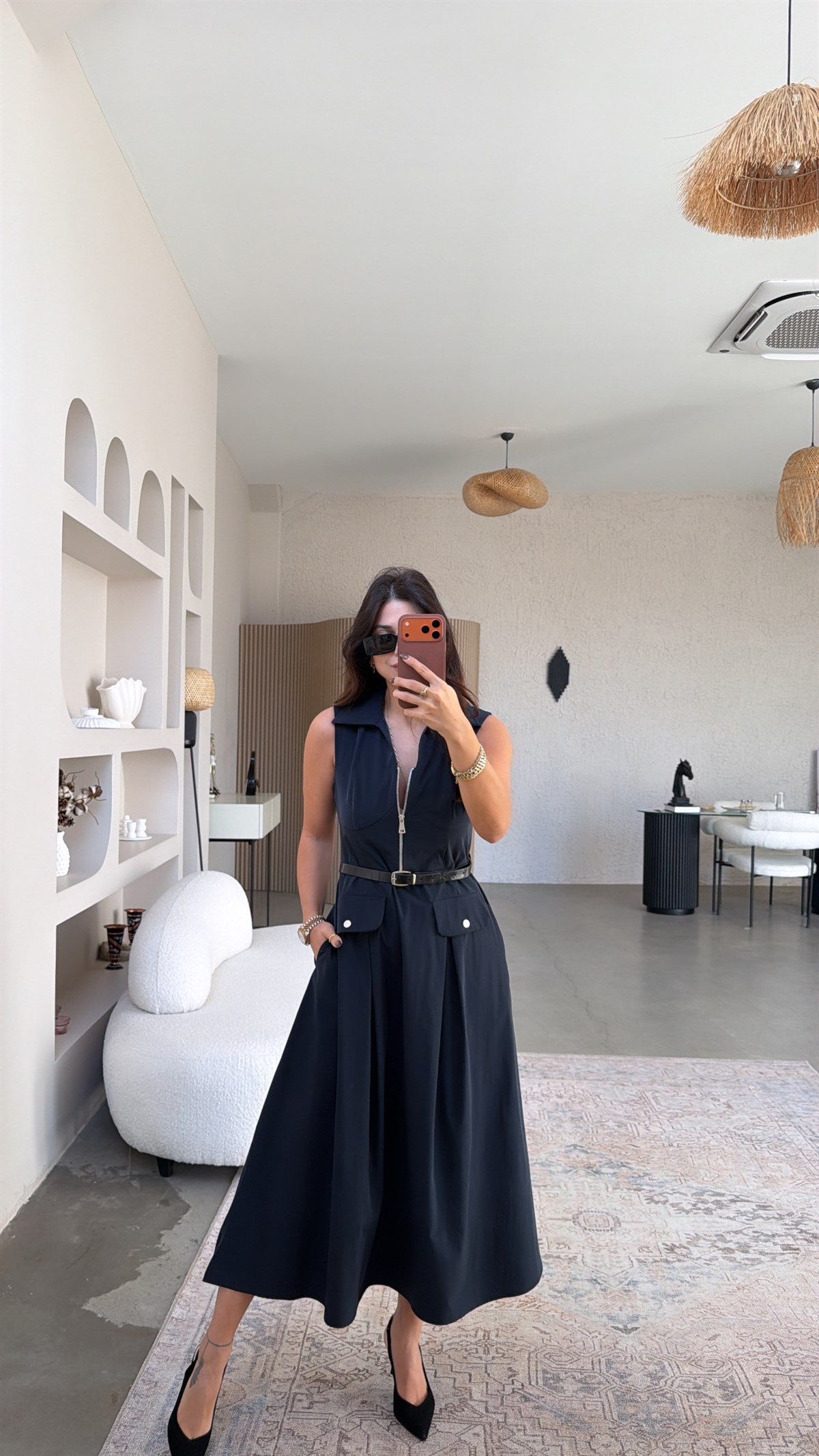 Siyah Ntw Model Paraşüt Kumaş Kemerli Premium Elbise