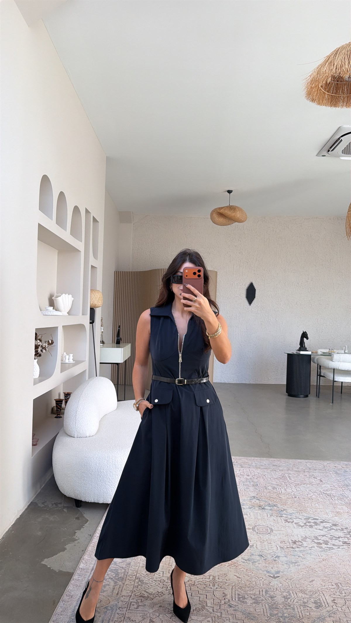 Siyah Ntw Model Paraşüt Kumaş Kemerli Premium Elbise