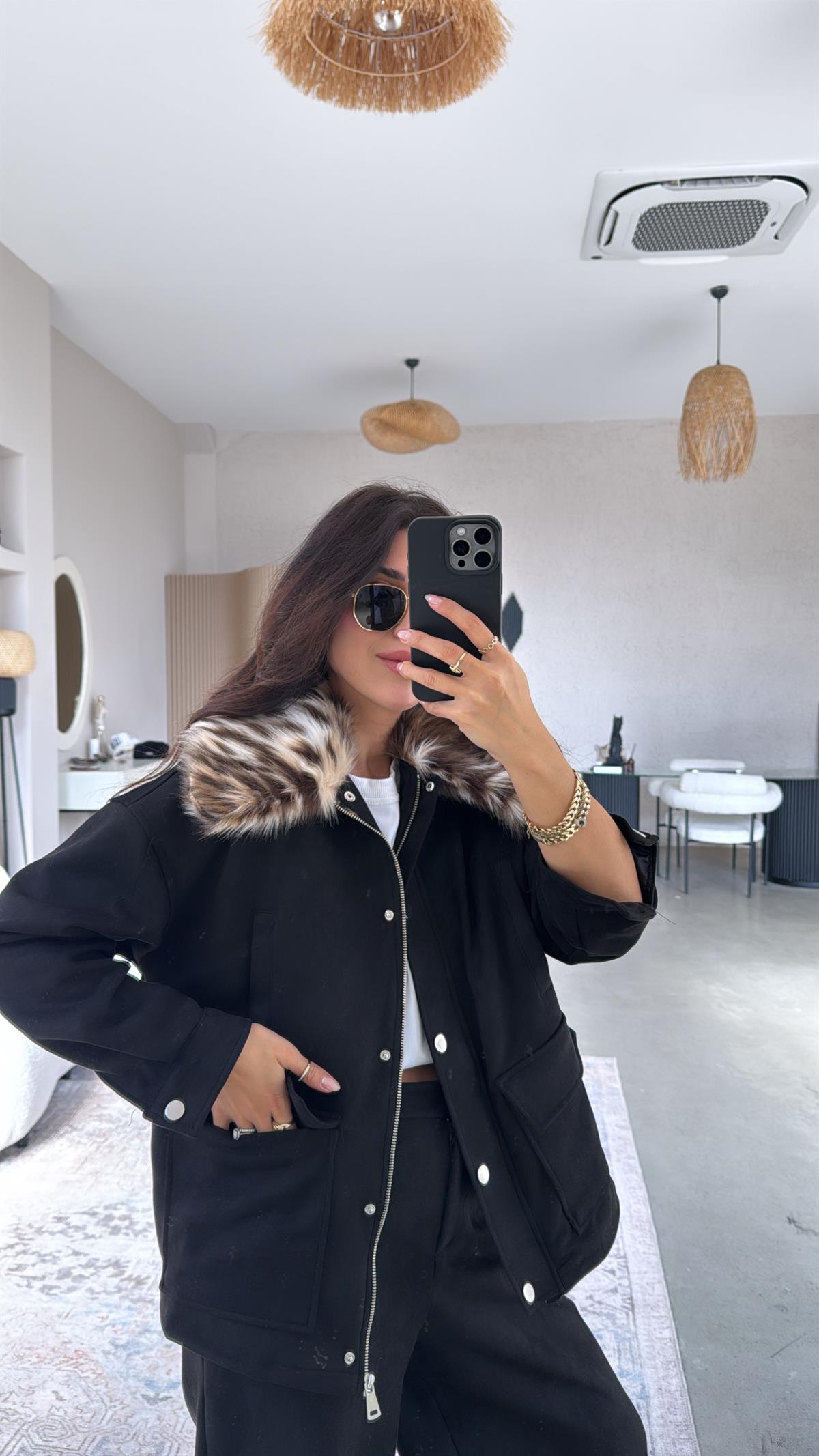 Siyah Nubuk Leopar Kürklü Mont Pantolon Takım