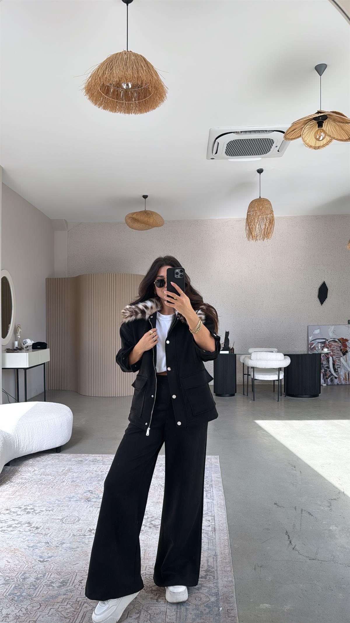 Siyah Nubuk Leopar Kürklü Mont Pantolon Takım