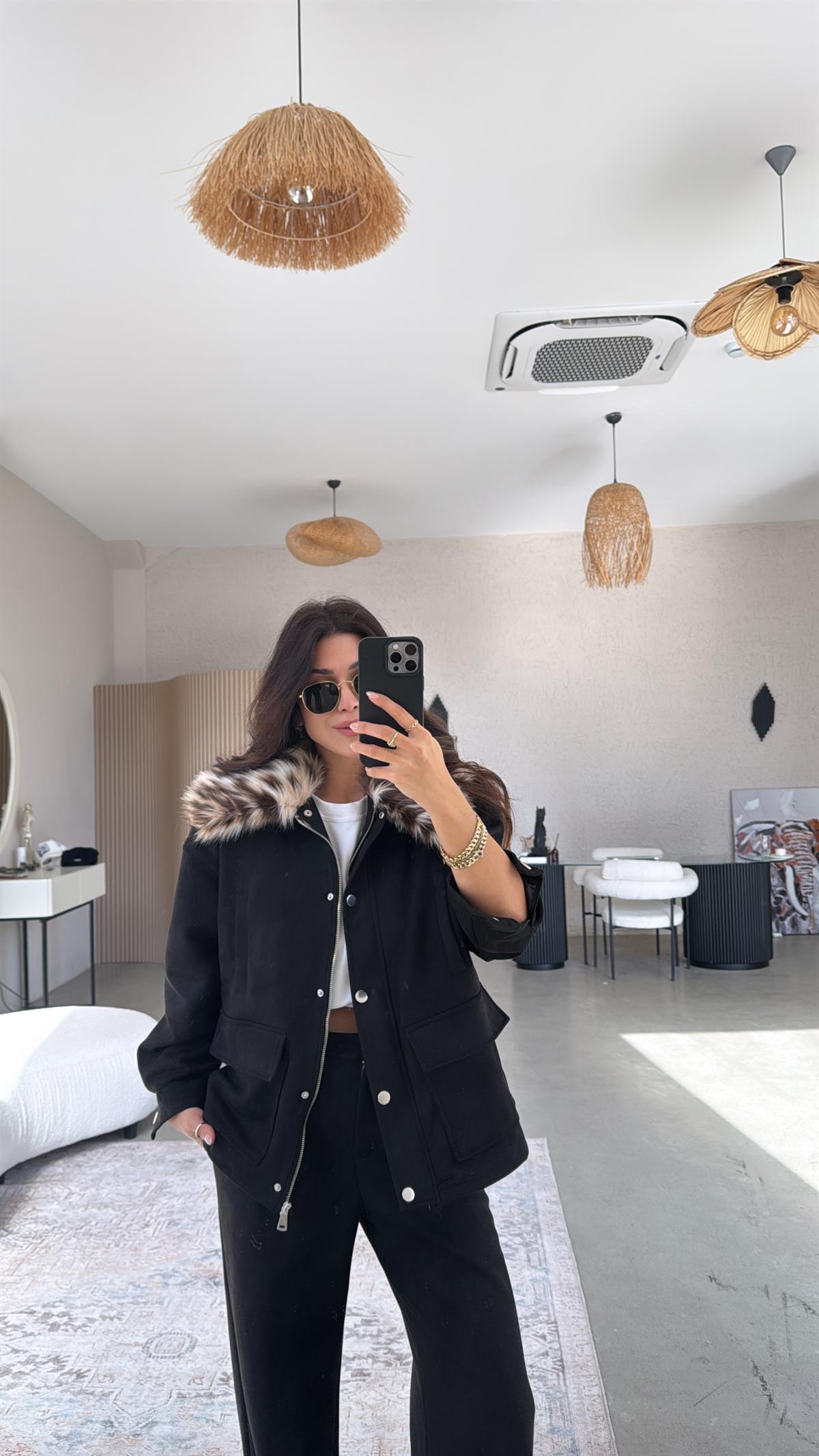 Siyah Nubuk Leopar Kürklü Mont Pantolon Takım