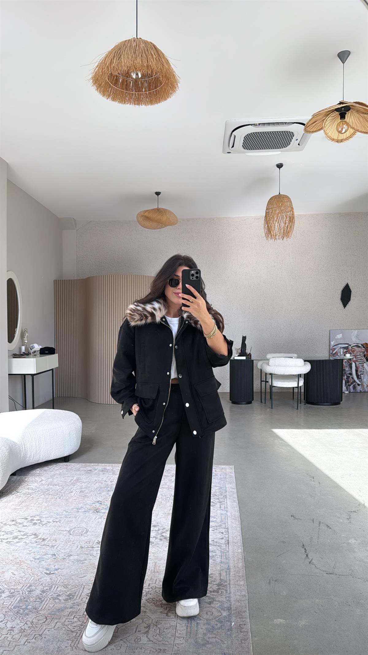 Siyah Nubuk Leopar Kürklü Mont Pantolon Takım