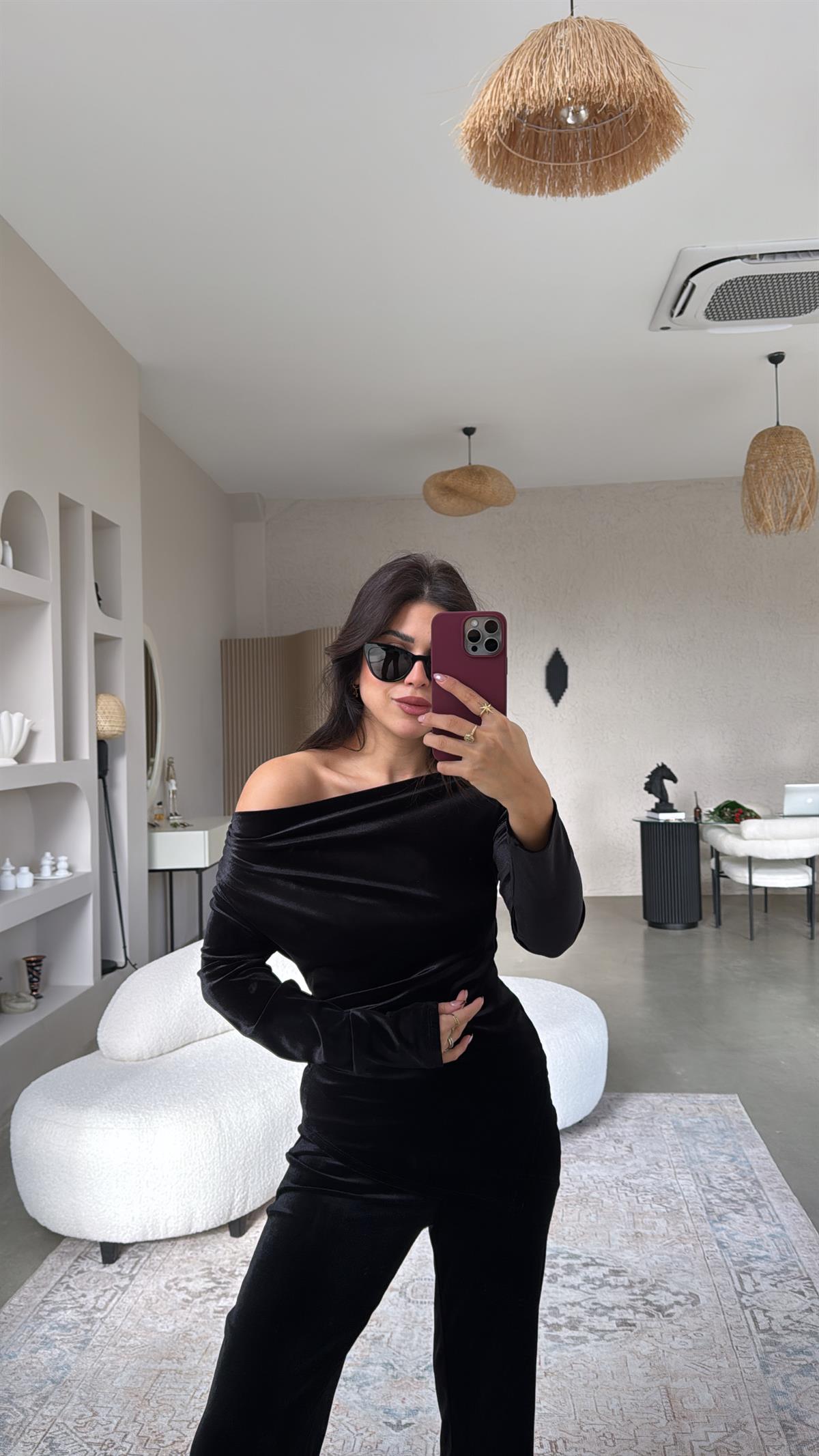 Siyah Omuz Drape Detay Bluz