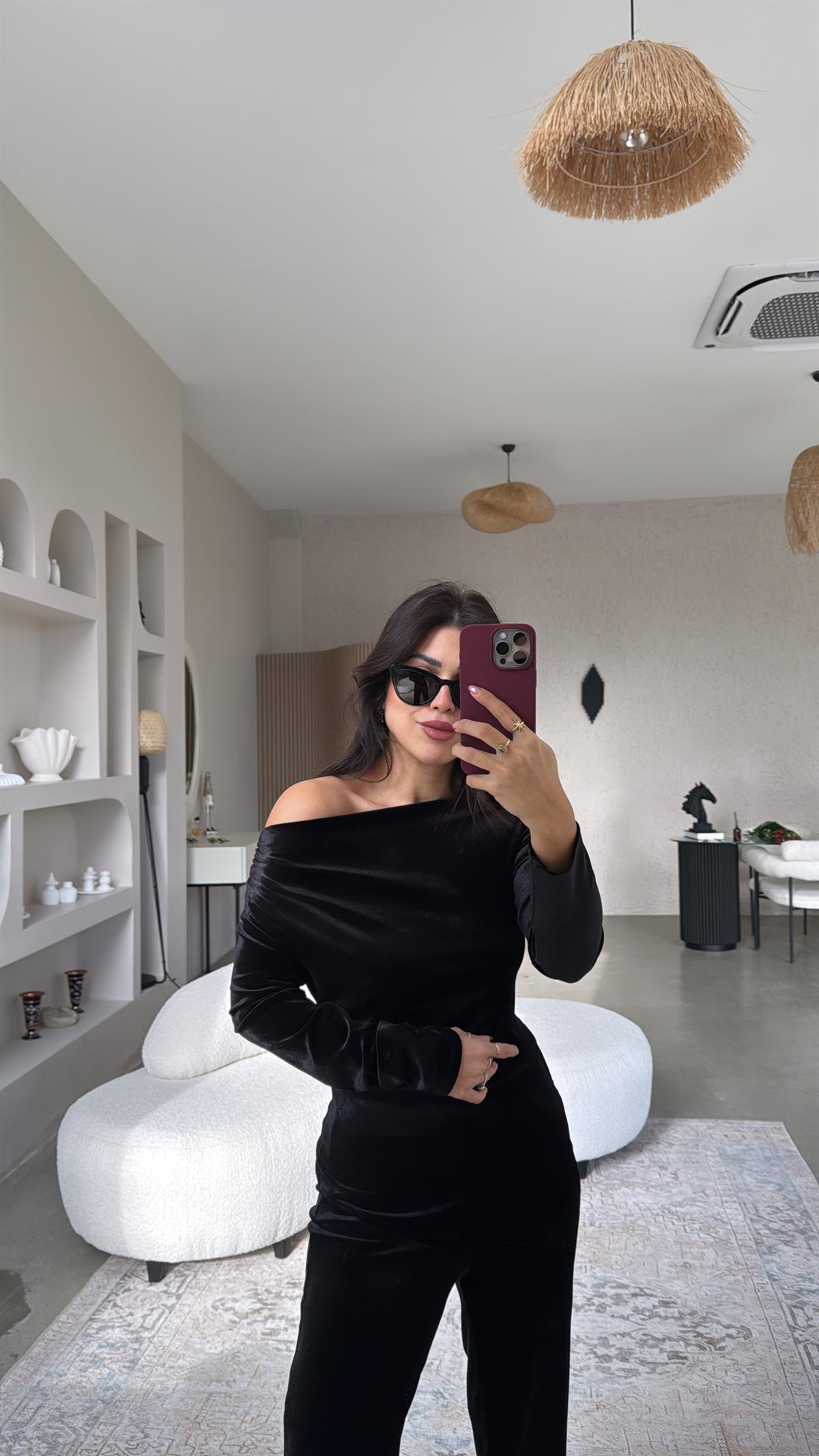 Siyah Omuz Drape Detay Bluz