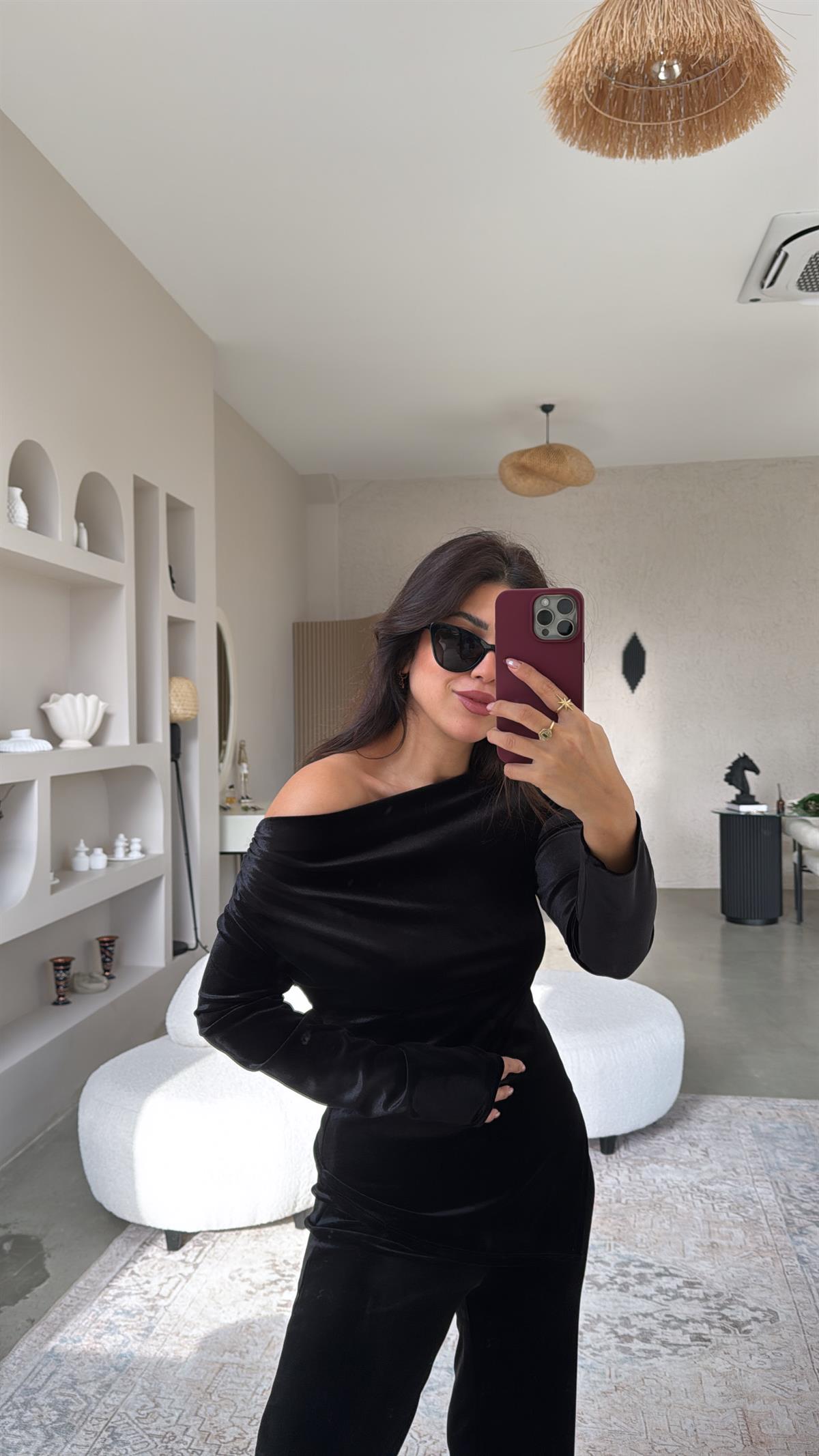 Siyah Omuz Drape Detay Bluz