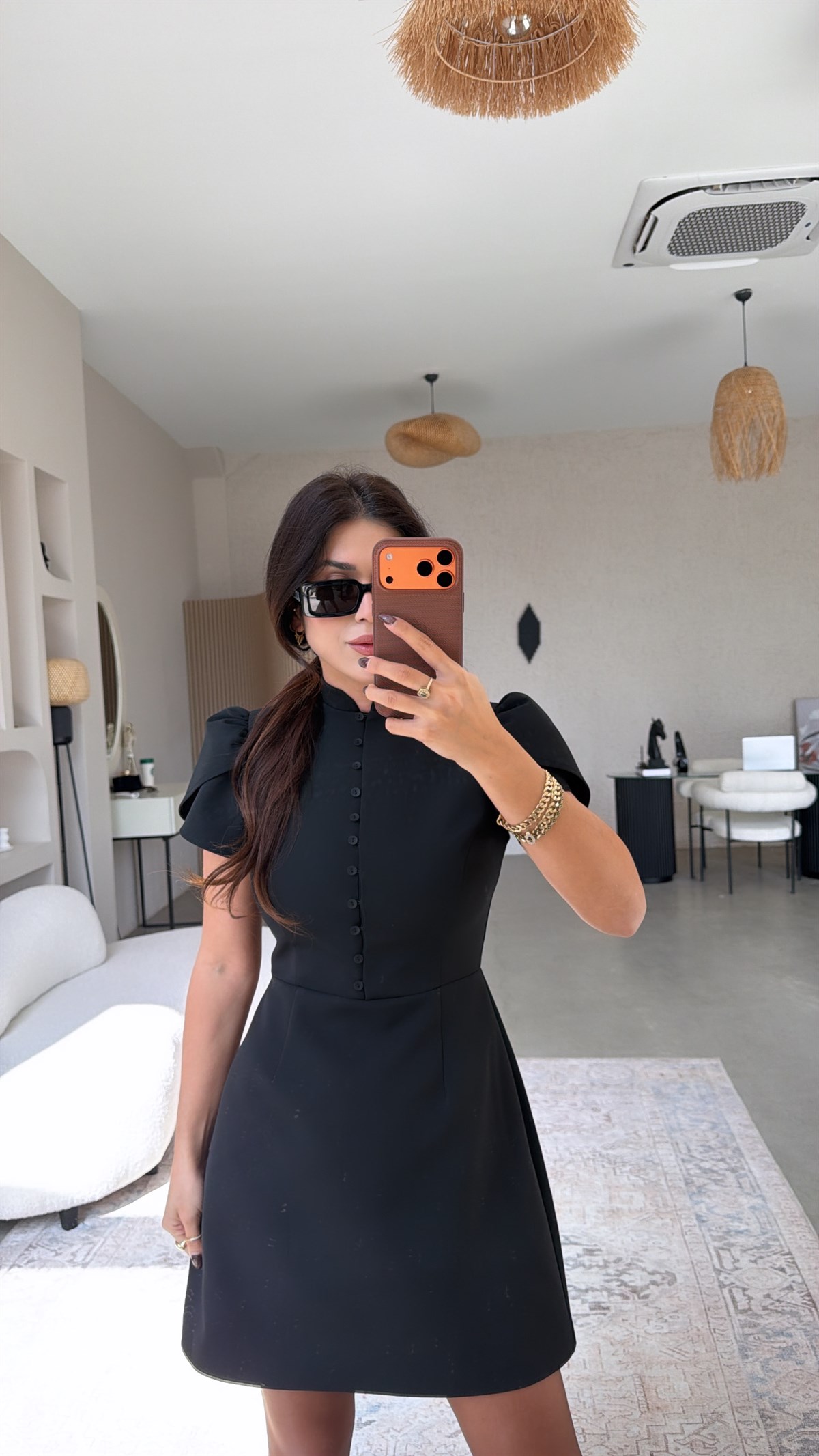 Siyah Ön Düğme Detaylı Premium Elbise
