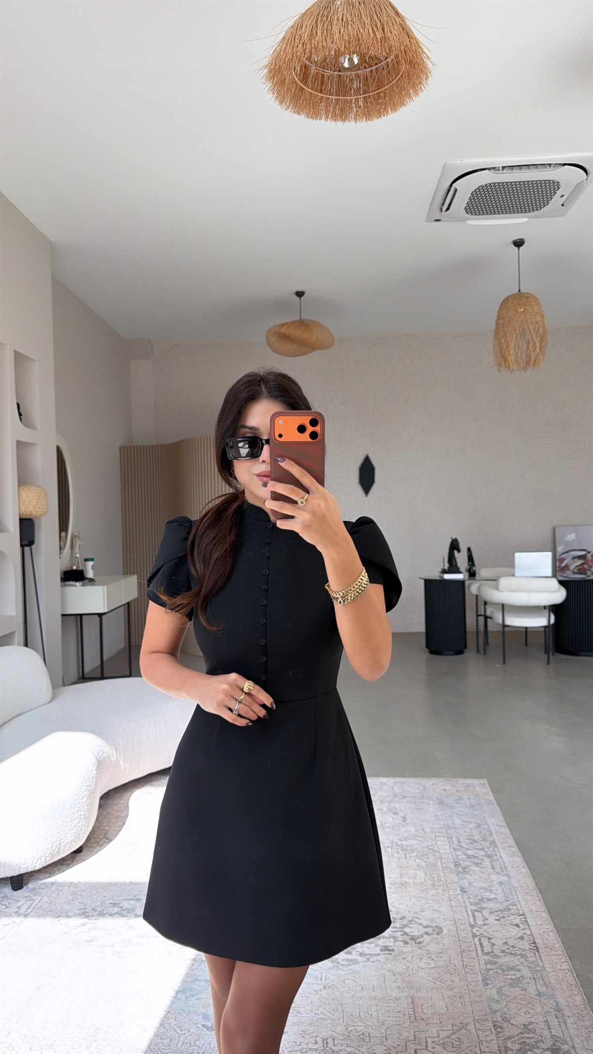 Siyah Ön Düğme Detaylı Premium Elbise