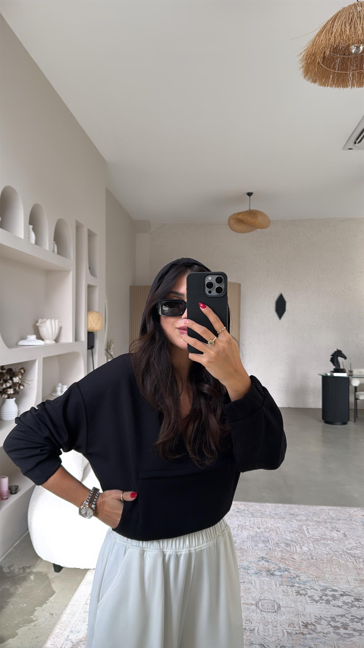 Siyah Ön Kanguru Cepli Modal Sweatshirt