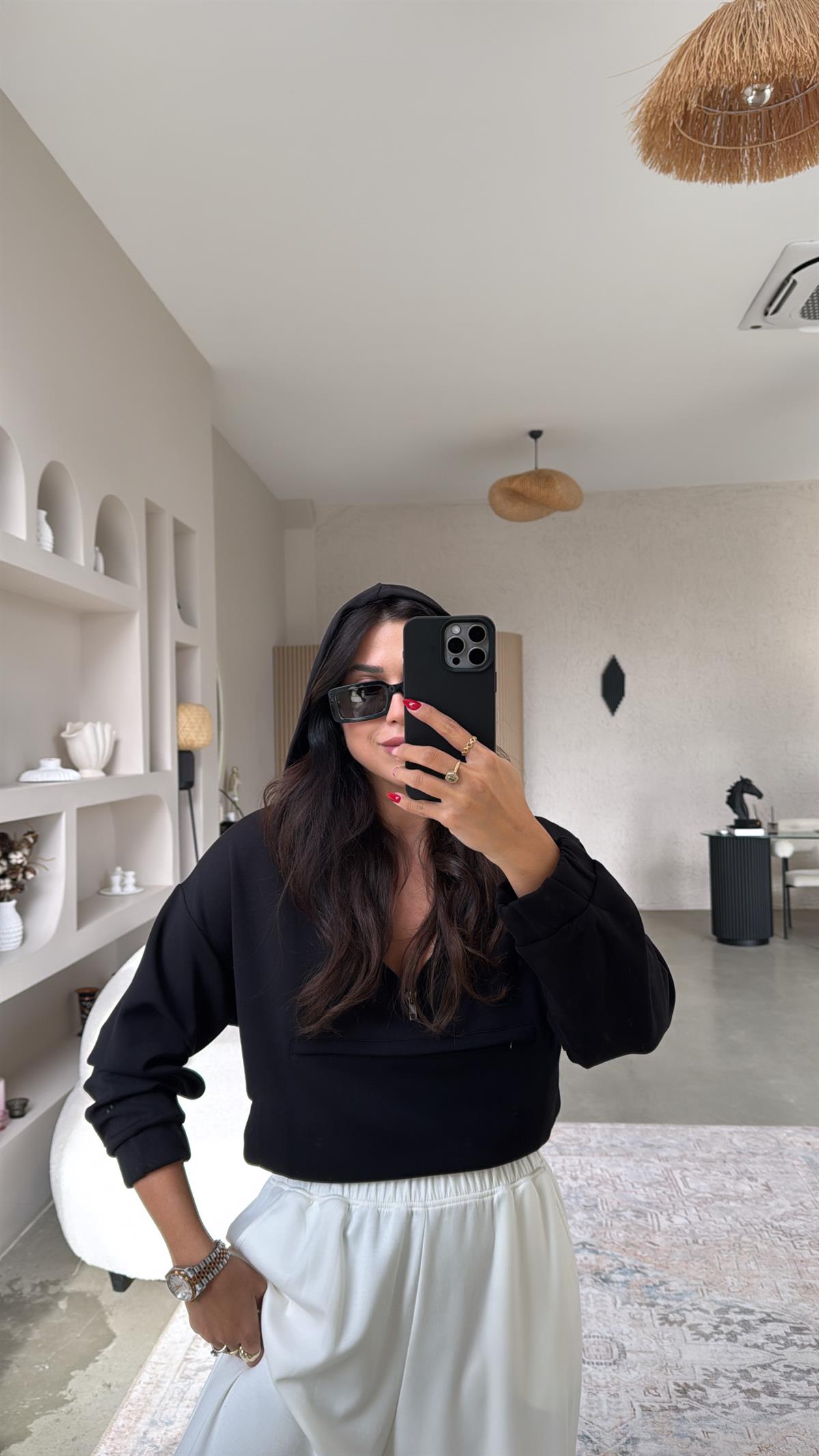 Siyah Ön Kanguru Cepli Modal Sweatshirt