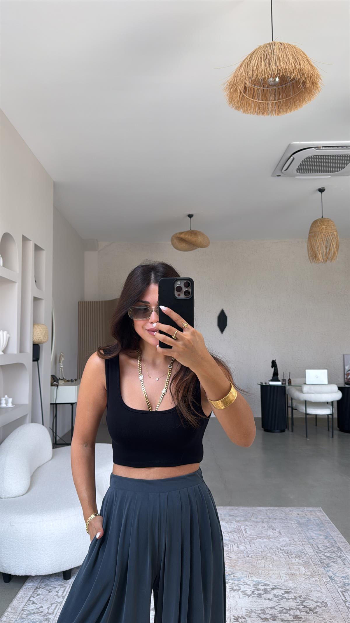 Siyah Oys Kalın Askı Crop Atlet