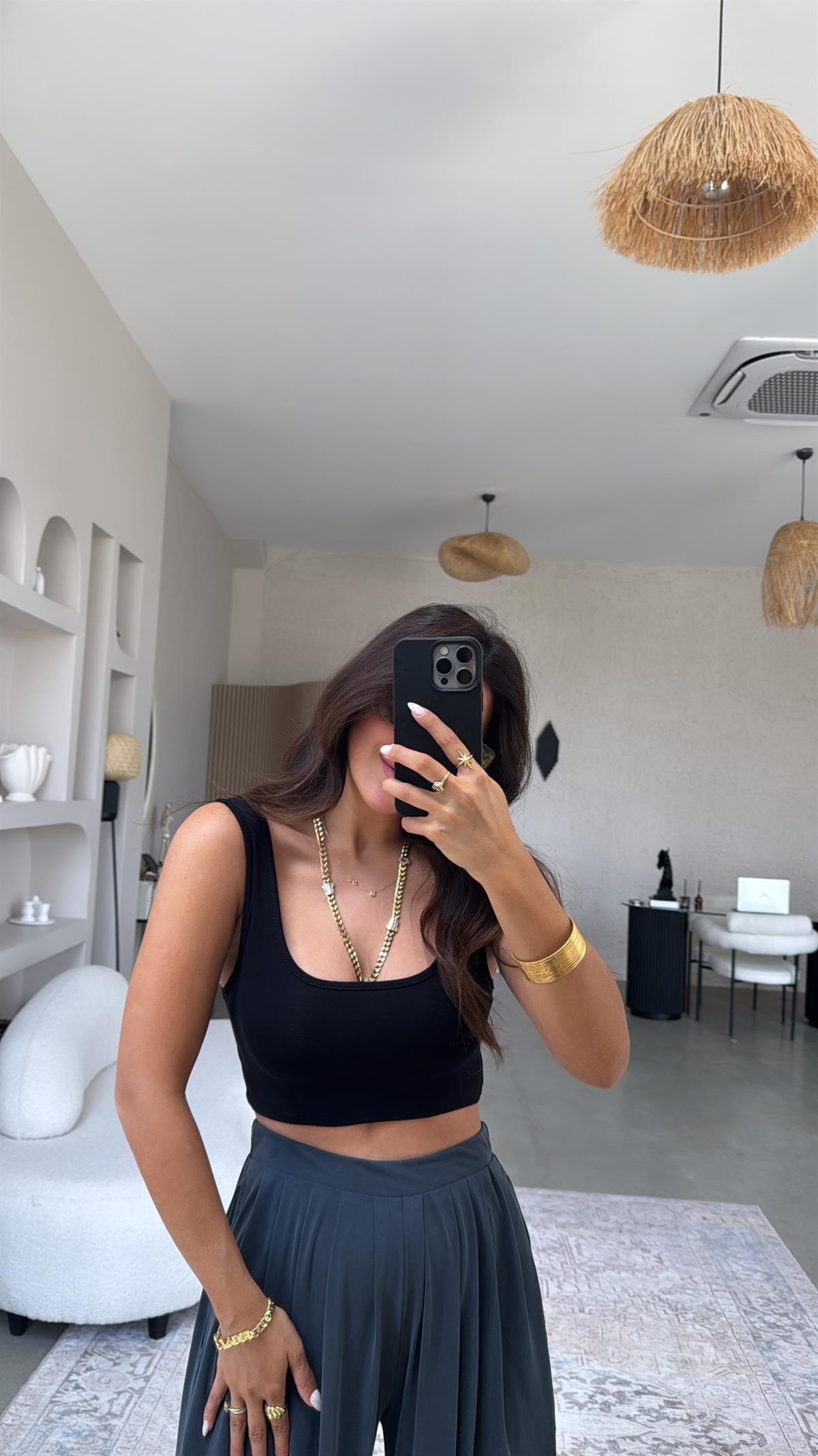 Siyah Oys Kalın Askı Crop Atlet