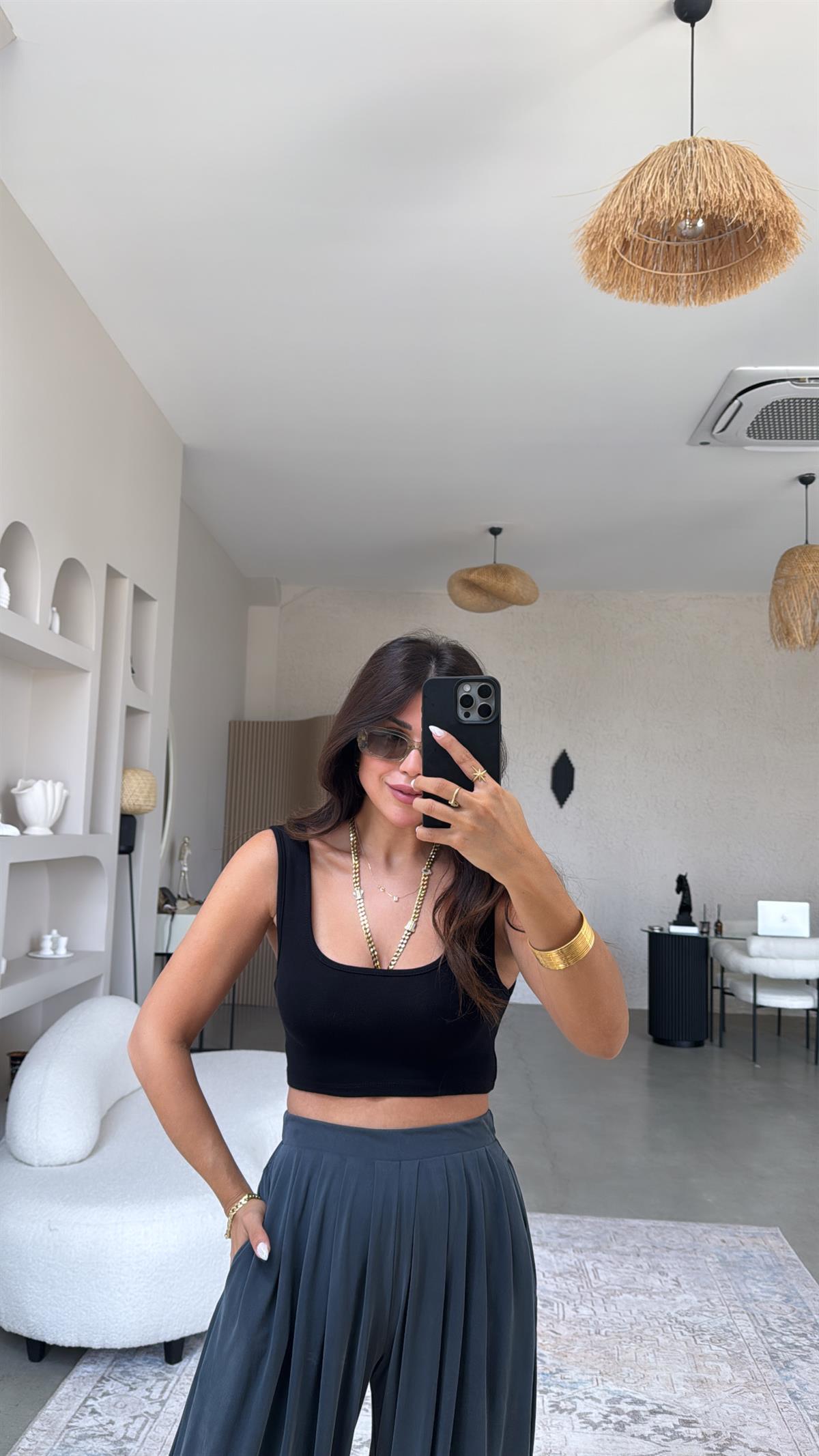 Siyah Oys Kalın Askı Crop Atlet