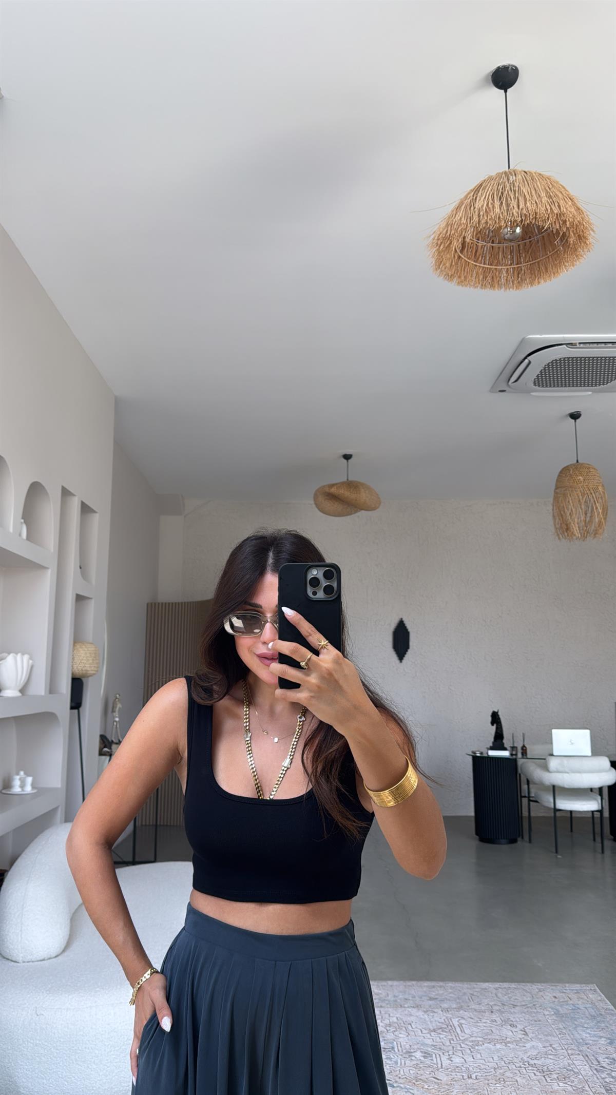 Siyah Oys Kalın Askı Crop Atlet