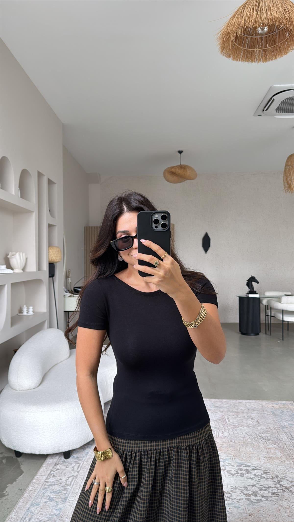 Siyah Oys Kayık Yaka Kısa Kol Tshirt