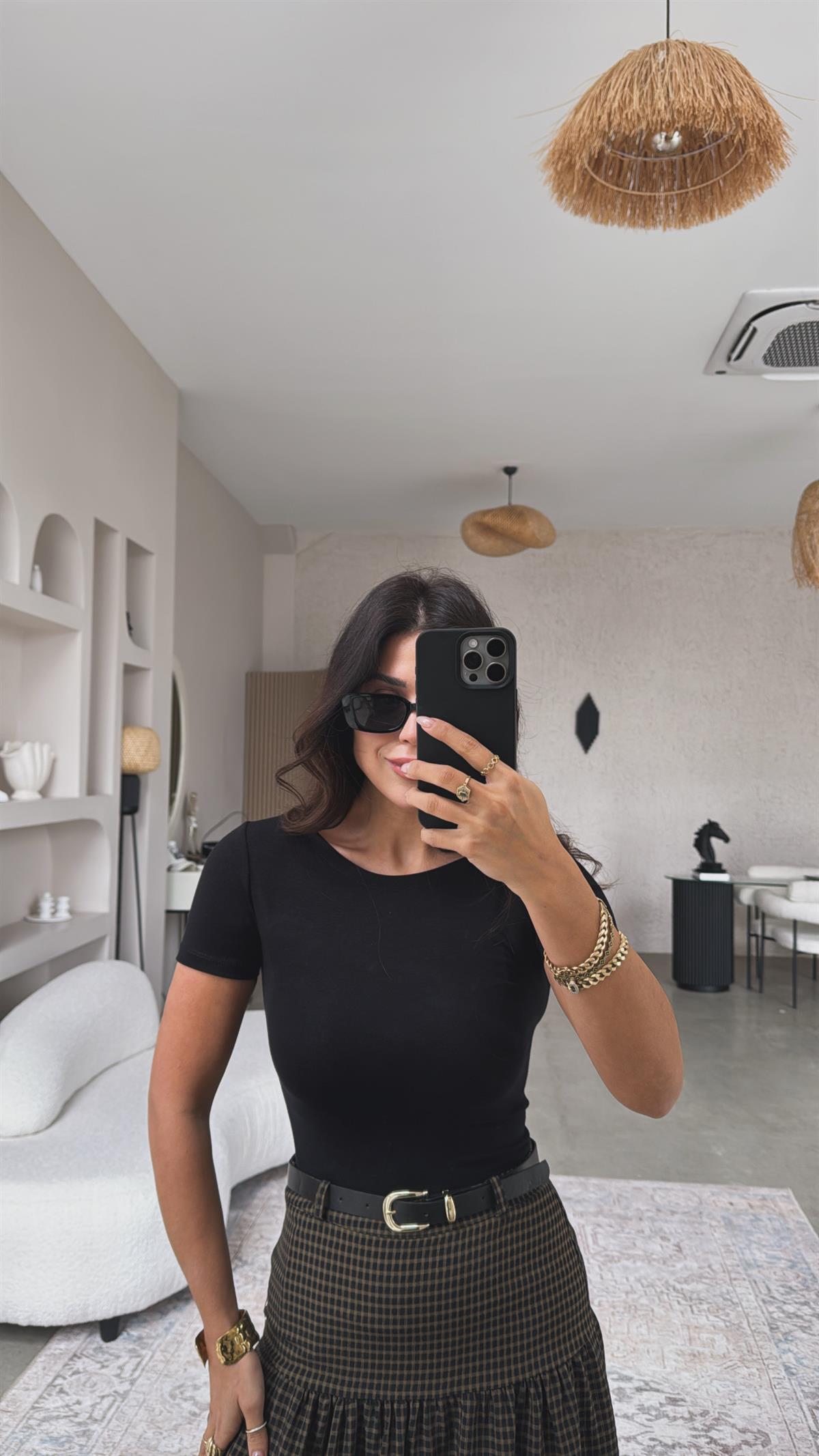 Siyah Oys Kayık Yaka Kısa Kol Tshirt