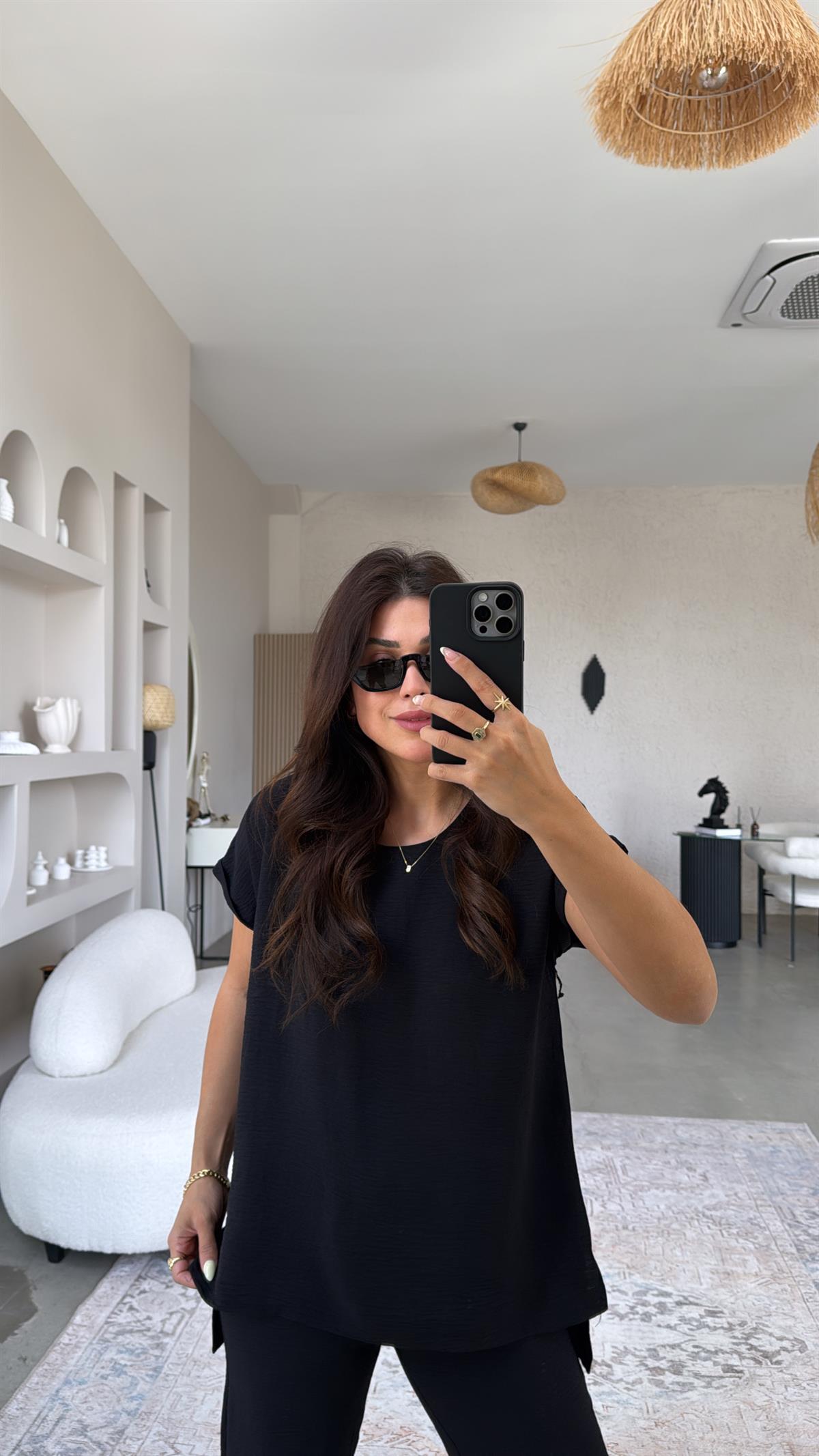 Siyah Paça Pensli Pantolon Bluz Takım