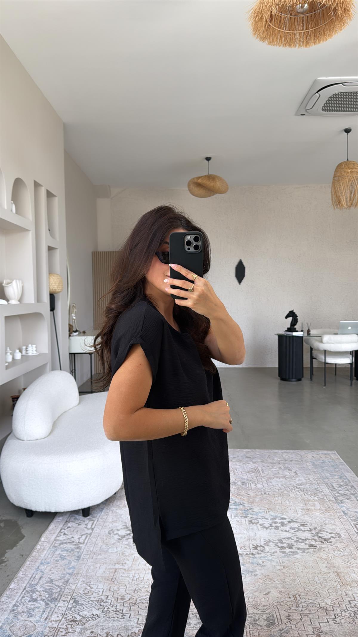 Siyah Paça Pensli Pantolon Bluz Takım